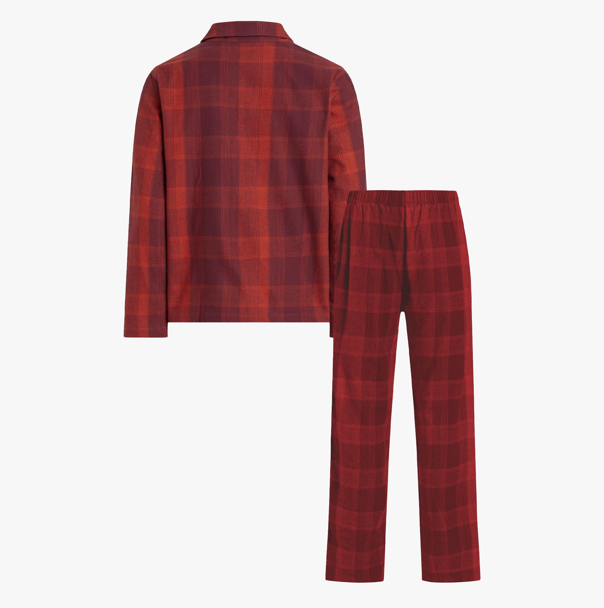 Calvin Klein FLANNEL Mens Pyjama Set Red back view showing the jacket and pants in a red plaid pattern.