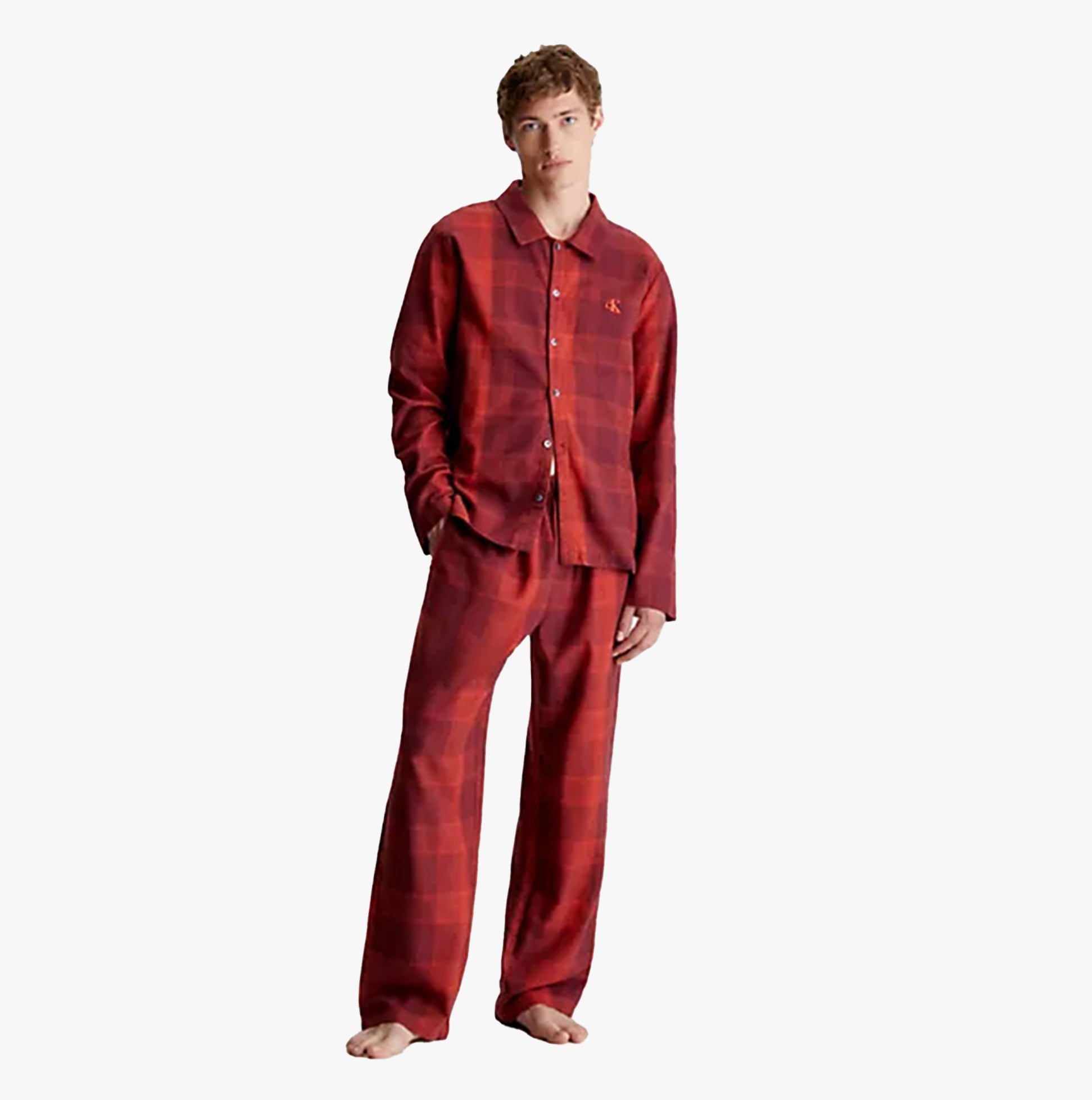 Calvin Klein FLANNEL Mens Pyjama Set Red front view showcasing soft cotton flannel, classic collar, and side seam pockets.