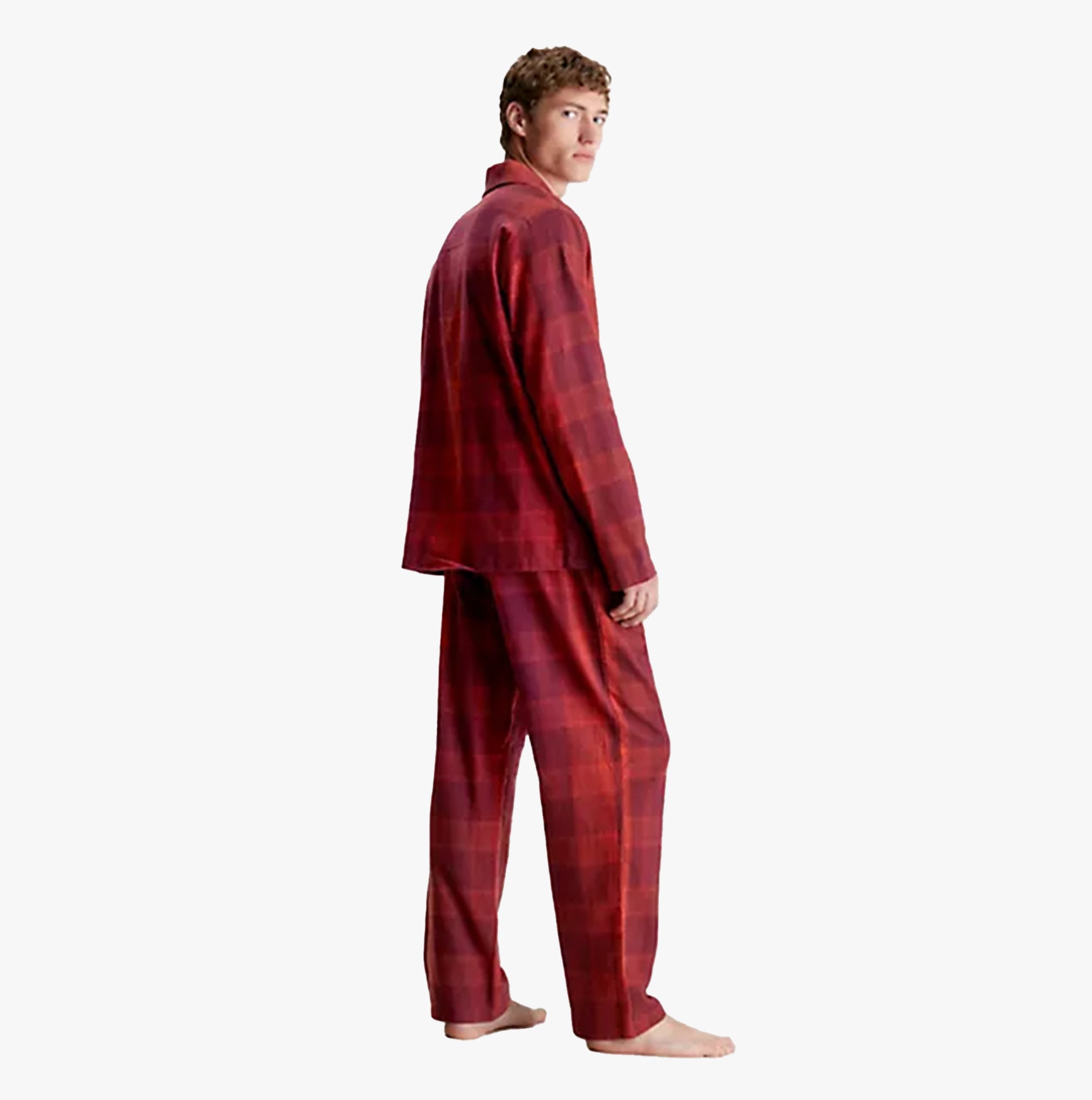 Calvin Klein FLANNEL Mens Pyjama Set Red, side view showcasing soft cotton flannel fabric and classic collar design.