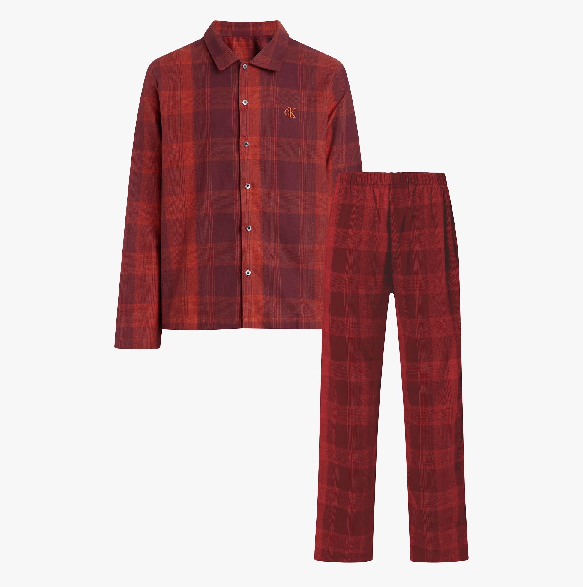 Calvin Klein FLANNEL Mens Pyjama Set Red front view showing long-sleeve top with collar and straight-leg pants with plaid pattern.