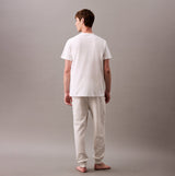 Calvin Klein ICON COTTON TERRY Mens Lounge Joggers Grey Heather back view, model wearing joggers with white shirt.