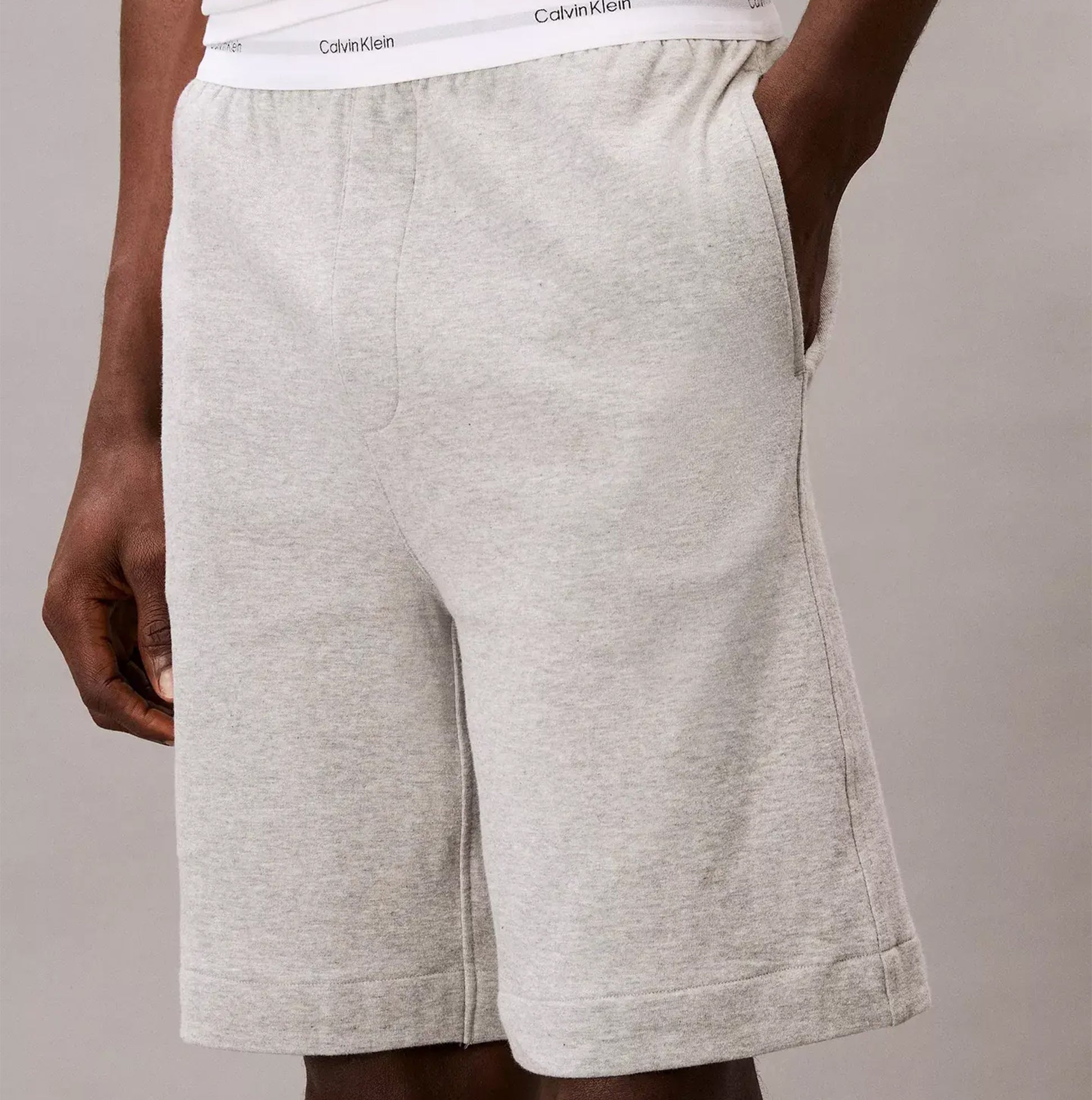 Calvin Klein SLEEP SHORT Mens Medium Grey Heather side view showcasing breathable material and CK signature elastic waistband.