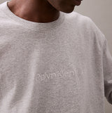 Calvin Klein ICON COTTON TERRY Mens Sweatshirt Medium Grey Heather detail view with CK tonal embroidery on chest.