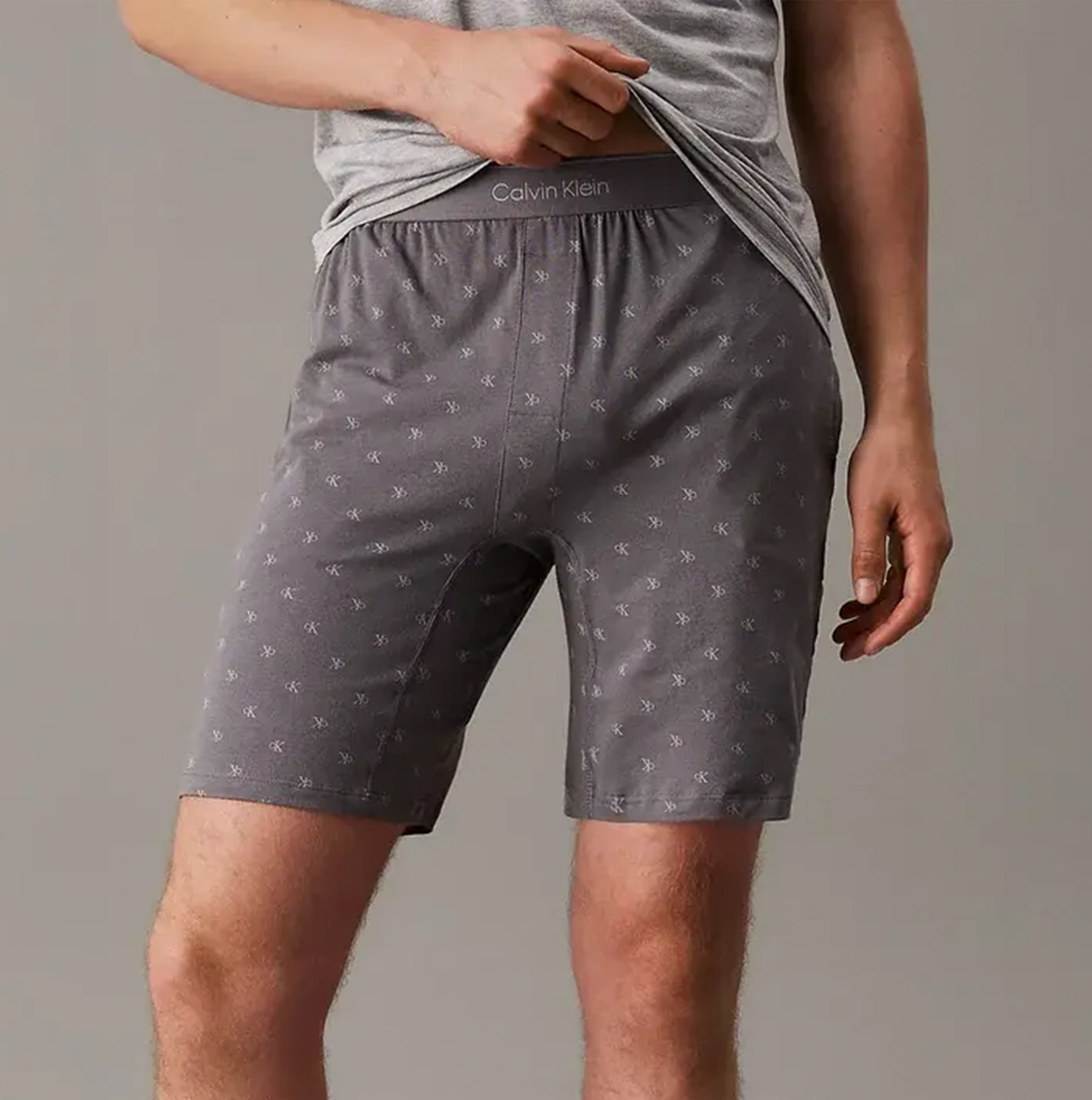 Calvin Klein ICON COTTON STRETCH Mens Lounge Shorts Diamond Logo/Smoked Pearl front view with side pockets and elastic waistband.