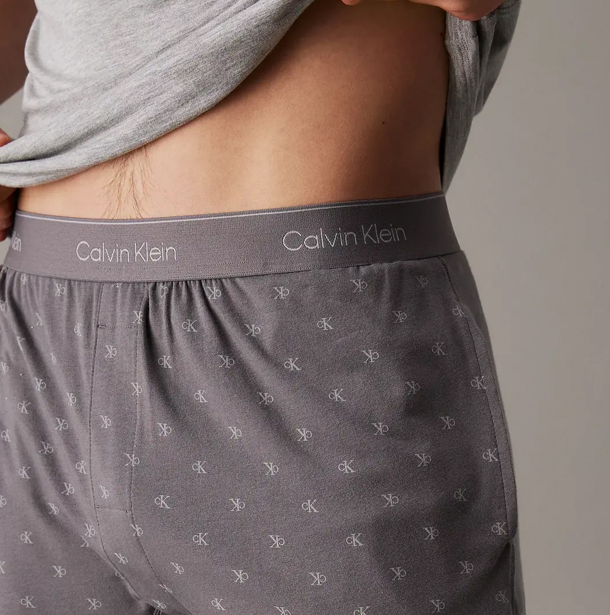 Calvin Klein ICON COTTON STRETCH Mens Lounge Shorts Diamond Logo/Smoked Pearl side view showing CK signature waistband