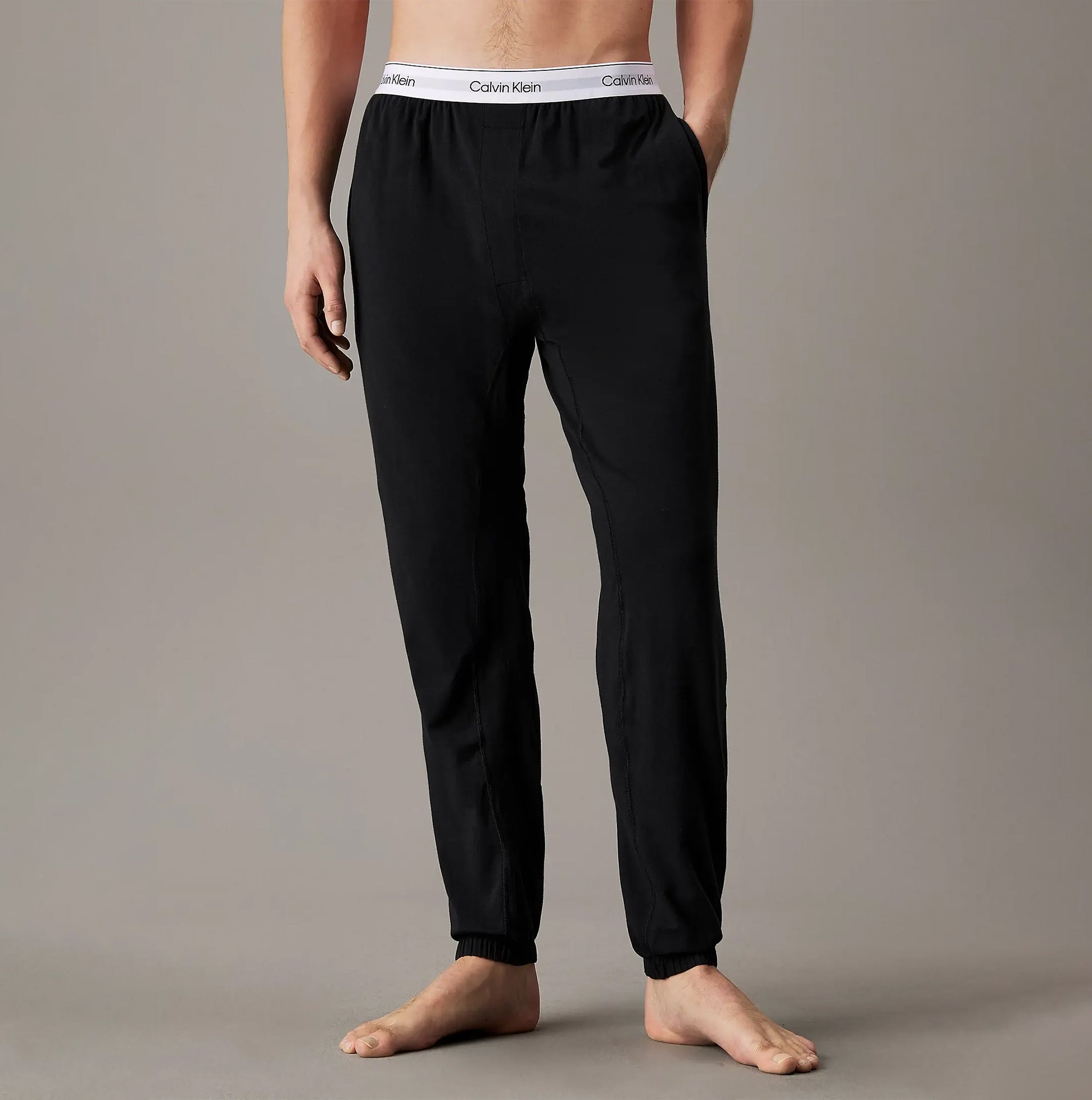Calvin Klein ICON COTTON STRETCH Mens Lounge Joggers Black front view showcasing elastic waistband and cuffs.