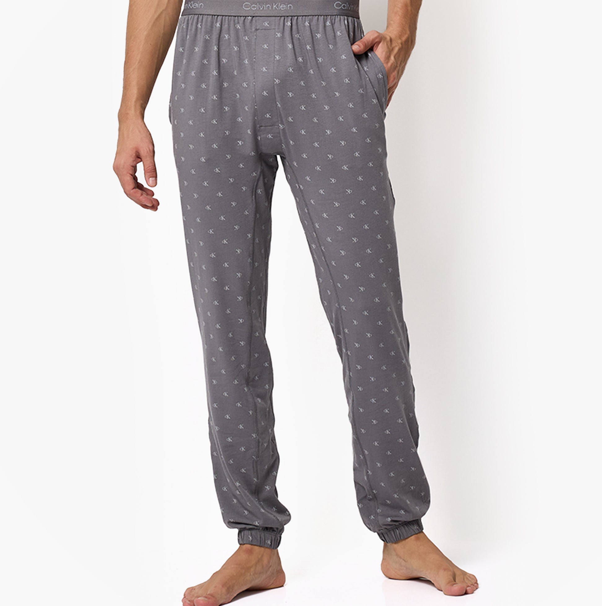 Calvin Klein ICON COTTON STRETCH Mens Lounge Joggers Diamond Logo/Smoked Pearl front view, elastic waistband and cuffs, breathable fabric.