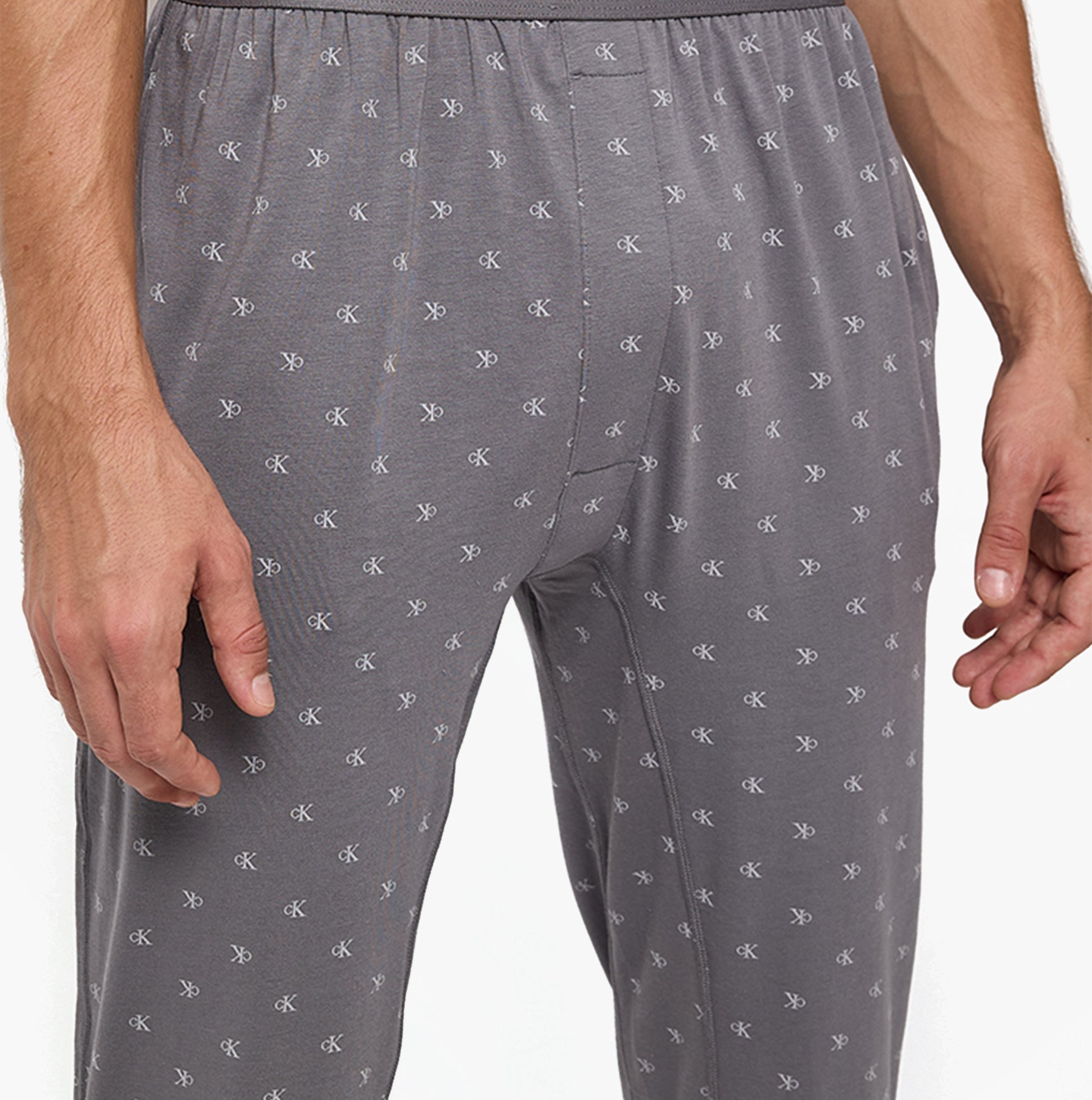 Calvin Klein ICON COTTON STRETCH Mens Lounge Joggers Diamond Logo/Smoked Pearl side view close-up of waistband and material.