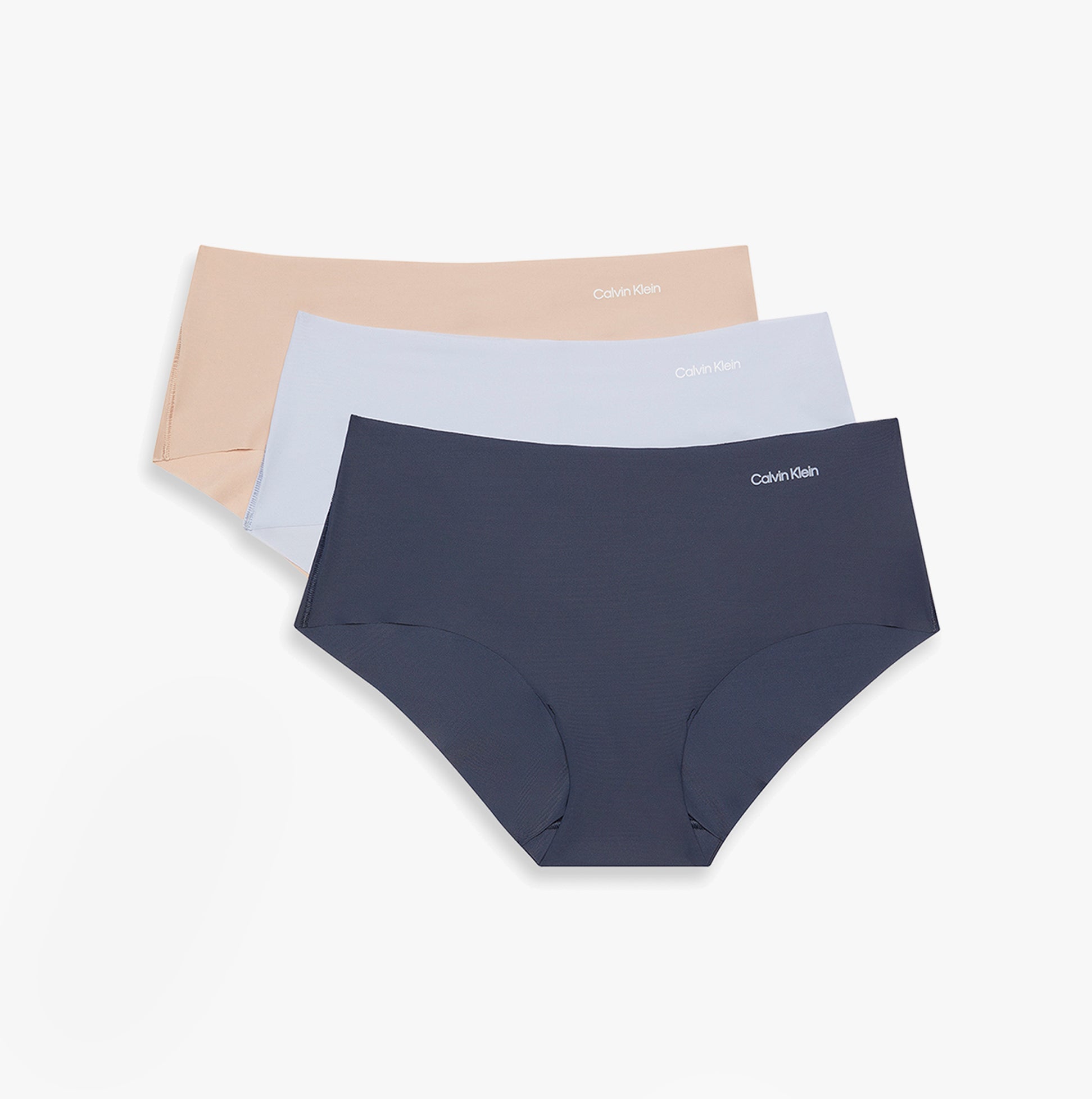 Calvin Klein Womens 3 Pack Invisible Hipster Multi - Front view of three hipster briefs in nude, light blue, and navy.