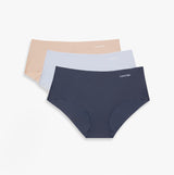 Calvin Klein Womens 3 Pack Invisible Hipster Multi - Front view of three hipster briefs in nude, light blue, and navy.