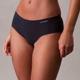 Calvin Klein Womens 3 Pack Invisible Hipster Multi side view of black high-waist briefs with logo detail.