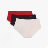 Calvin Klein Invisible Hipster Womens 3 Pack Multi, side view of red, black, and nude briefs with logo detailing.