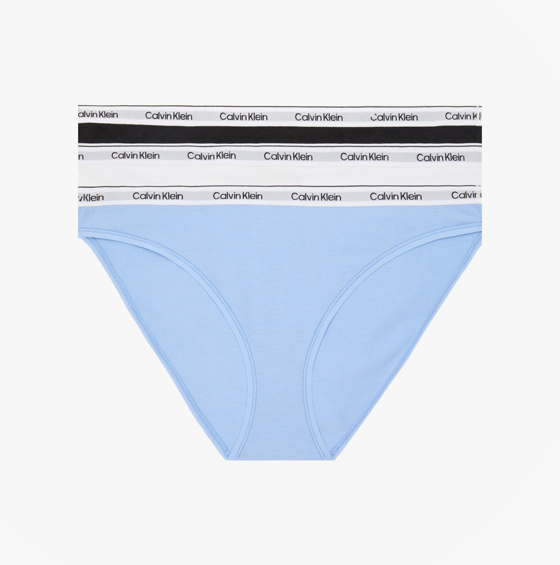 Calvin Klein BIKINI 3 PACK Womens Bikini Multicoloured side view featuring soft blue fabric and branded waistbands.