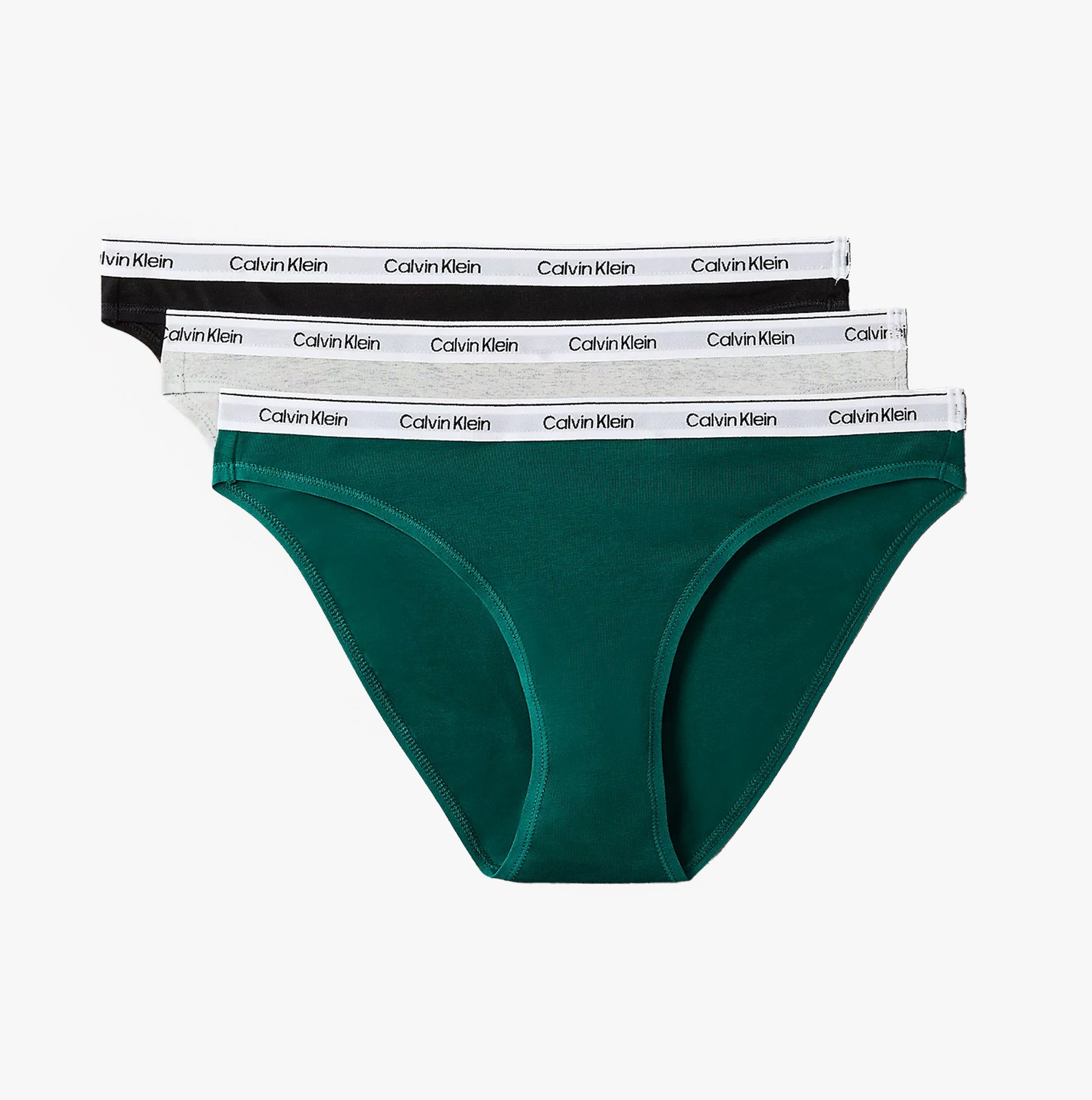 Calvin Klein Womens Icon Logo 3 Pack Bikini Briefs Multi in green, black, and white, displayed from the front view.