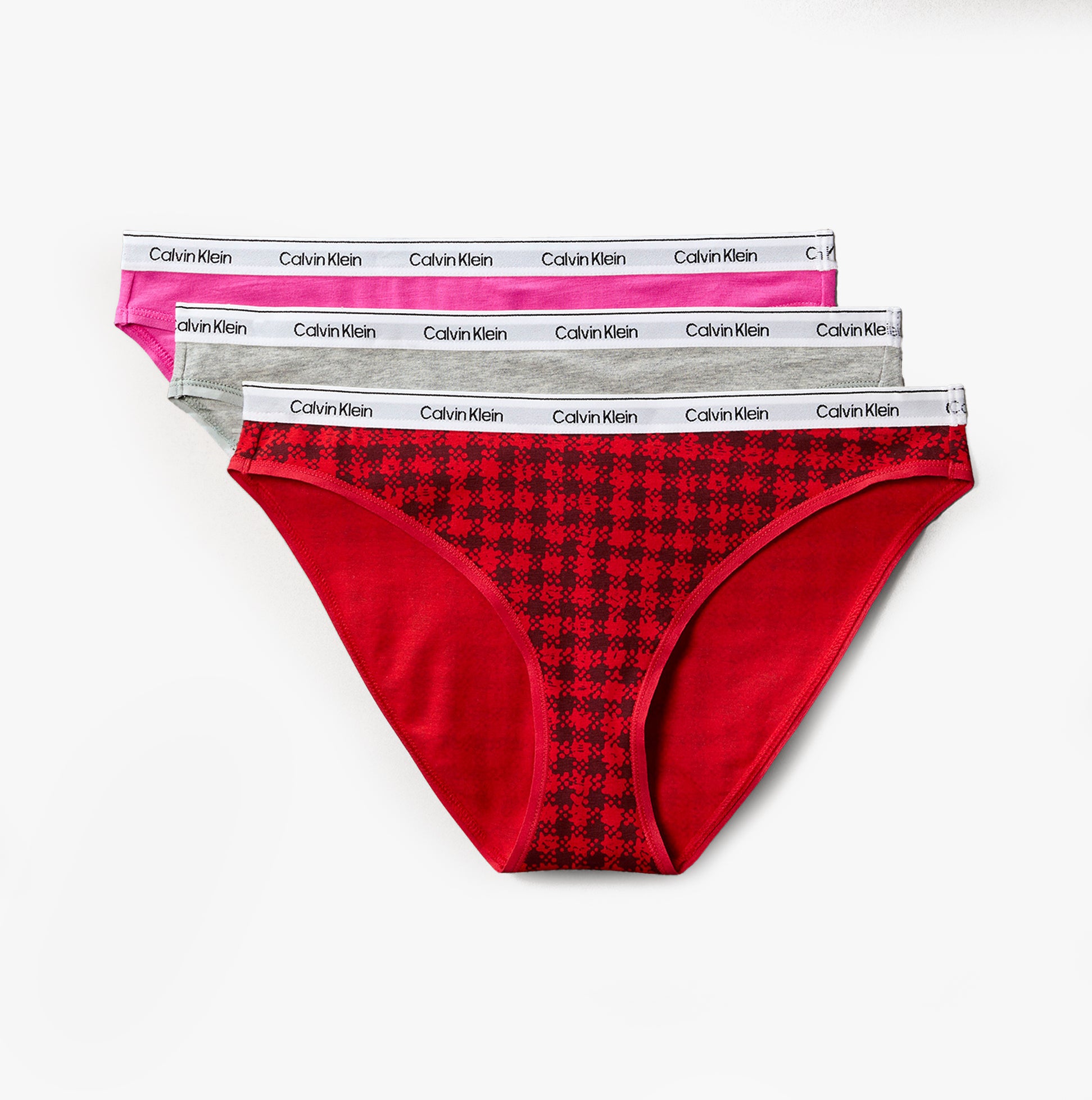 Calvin Klein BIKINI 3 PACK Womens Bikini Multicoloured front view showing red, grey, and pink bikini underwear with logo waistband.