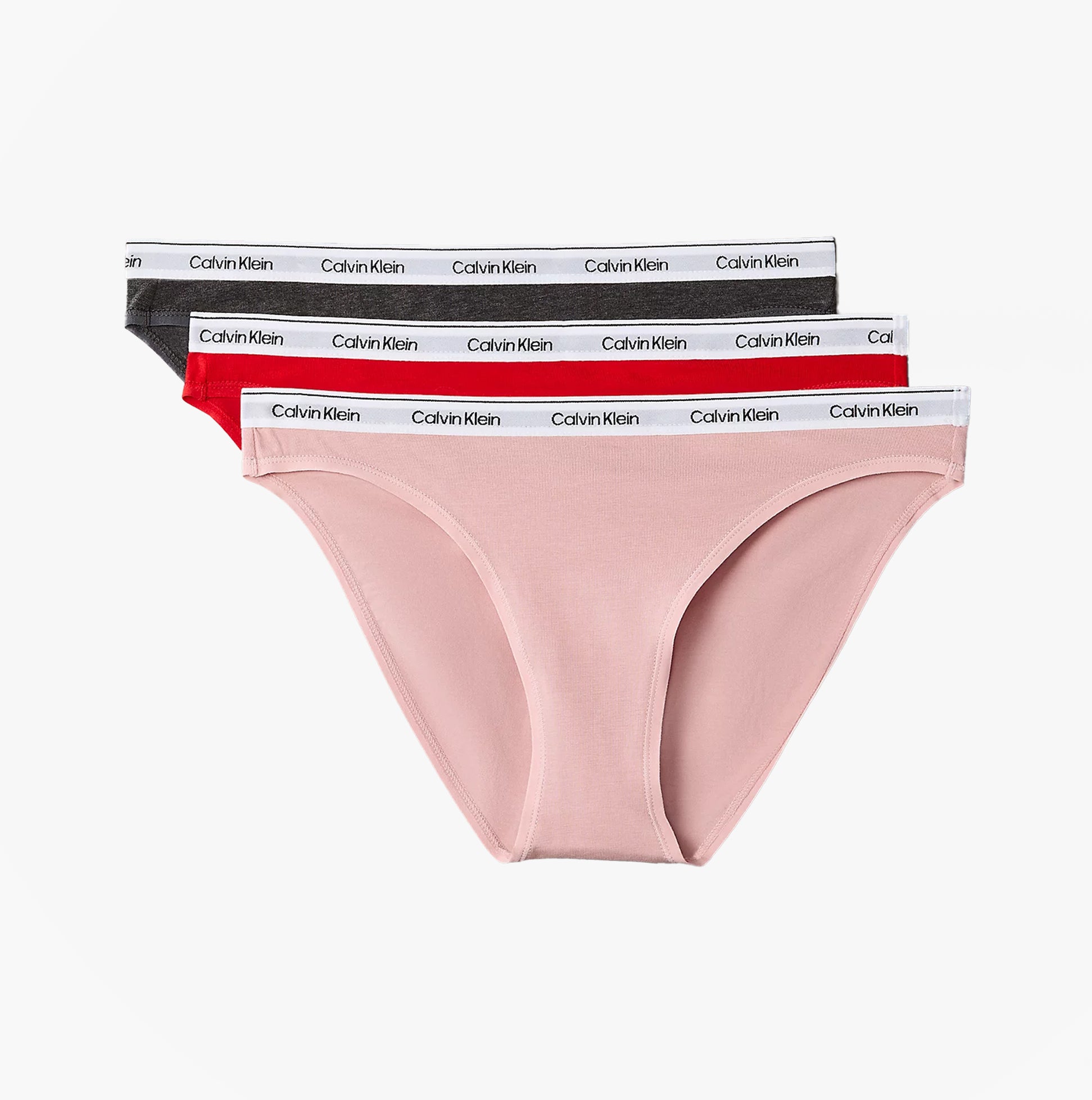 Calvin Klein 000QD5207E BIKINI 3 PACK Womens Briefs Multicoloured front view showing pink, red, and black briefs.