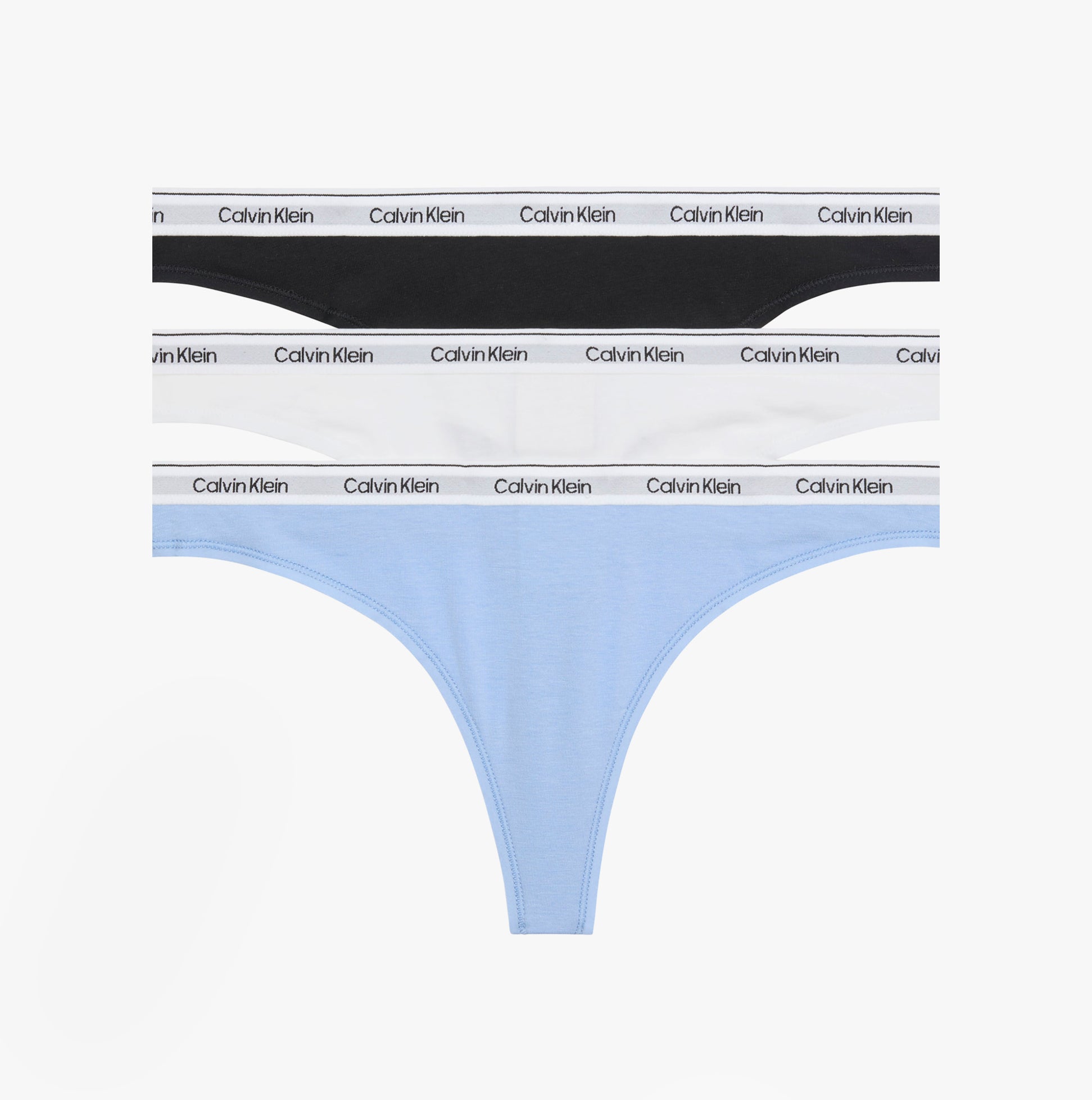 Calvin Klein Icon Cotton Modal Womens 3 Pack Thong Multi front view displaying black, white, and light blue thongs.