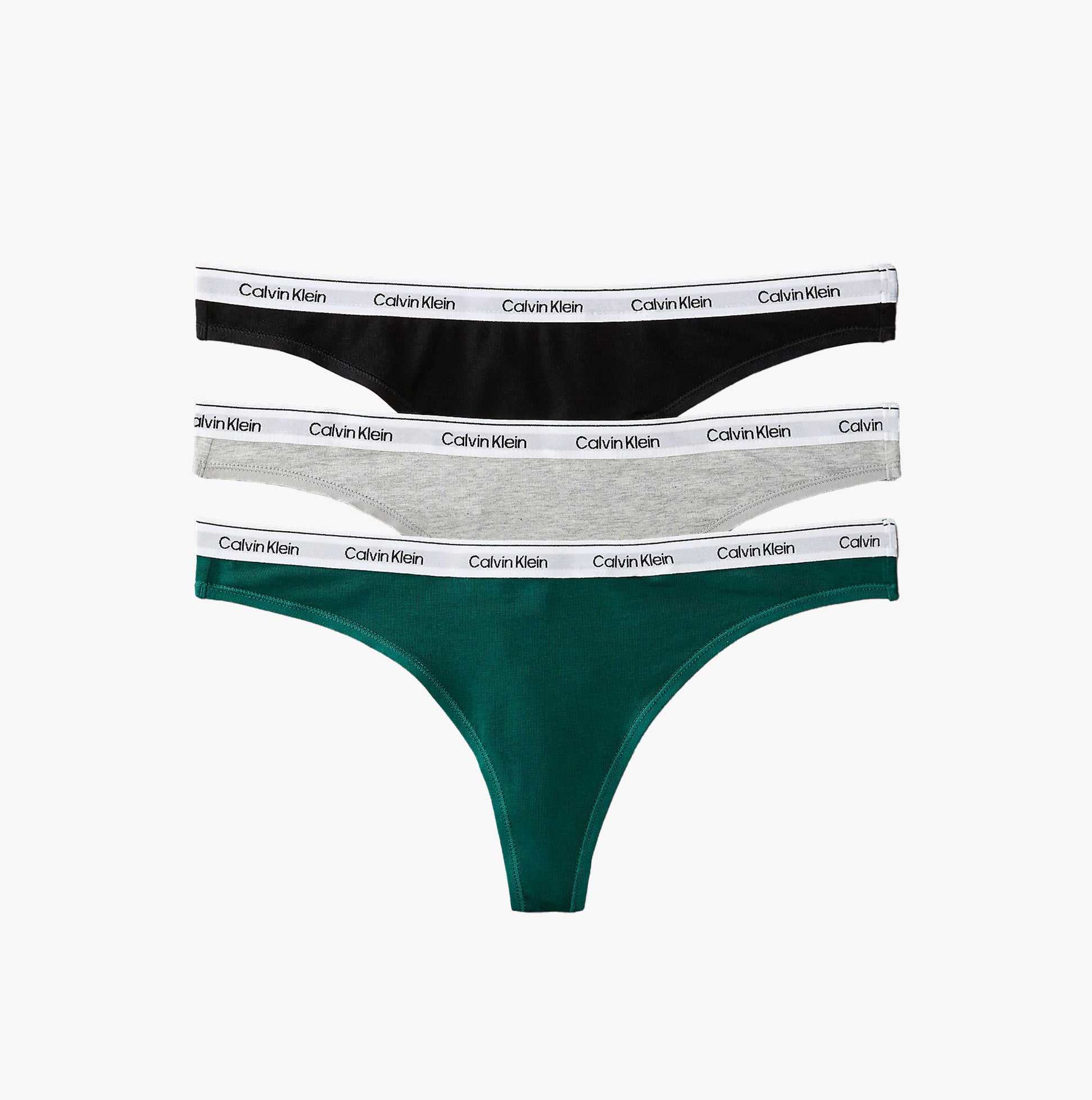 Calvin Klein Womens Icon Logo 3 Pack Thong Multi, featuring black, grey, and green thongs with logo waistbands, front view.