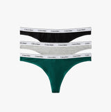 Calvin Klein Womens Icon Logo 3 Pack Thong Multi, featuring black, grey, and green thongs with logo waistbands, front view.