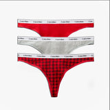 Calvin Klein Icon Logo Womens 3 Pack Thong Multi front view showcasing red, grey, and checkered design thongs with logo waistband.