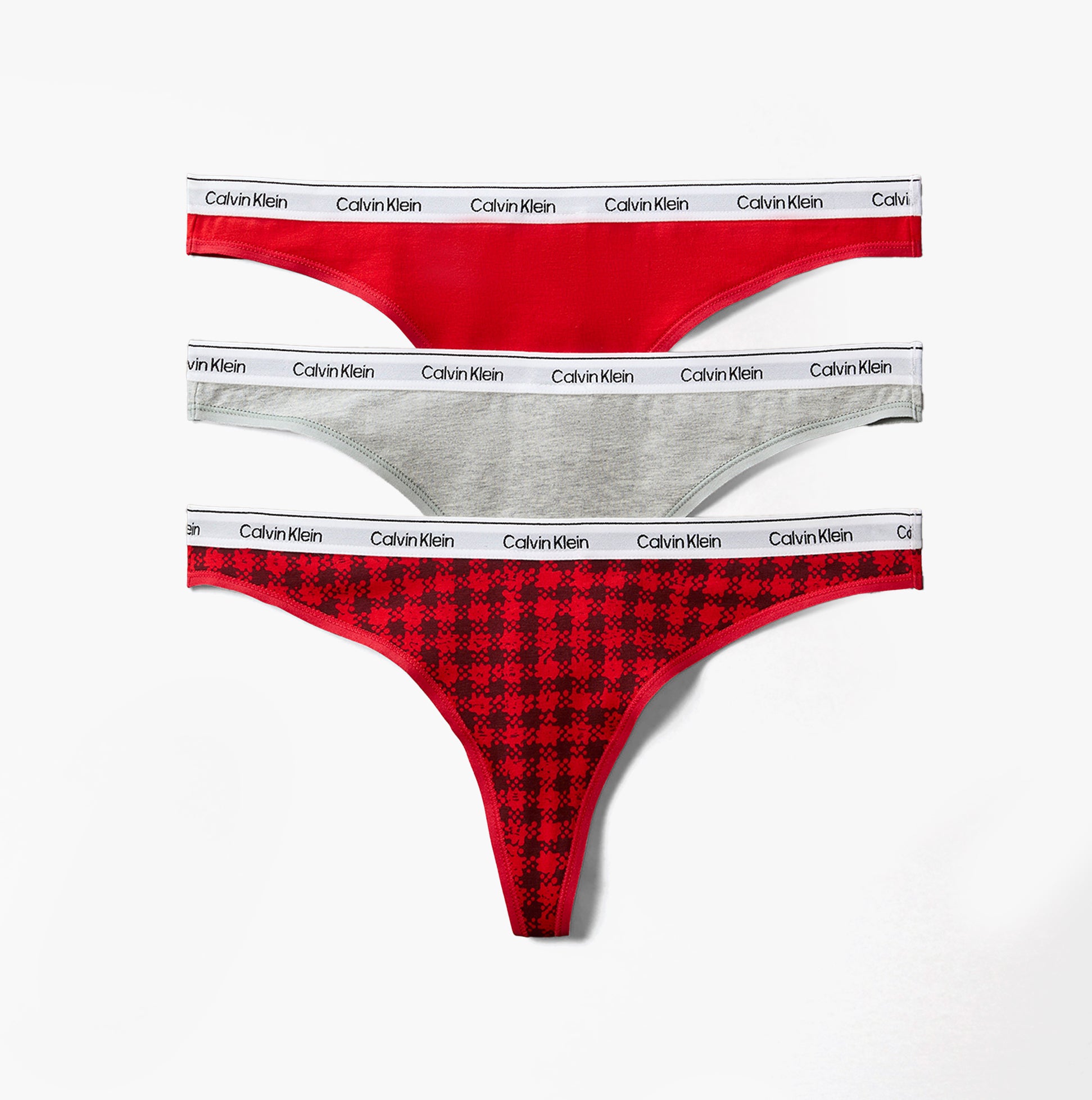Calvin Klein Icon Logo Womens 3 Pack Thong Multi front view showing red, gray, and red checkered designs.