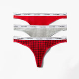 Calvin Klein Icon Logo Womens 3 Pack Thong Multi front view showing red, gray, and red checkered designs.