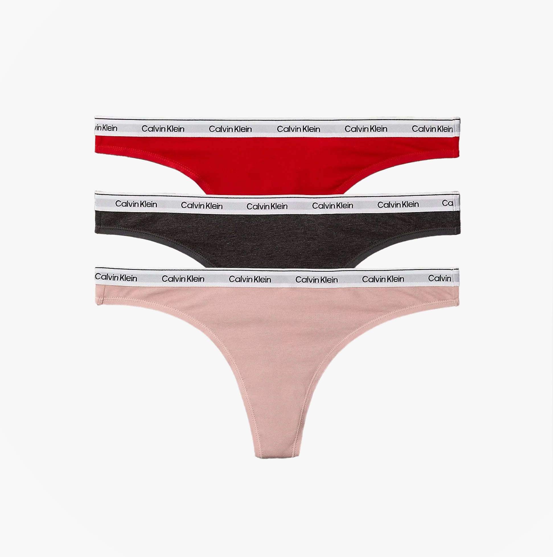 Calvin Klein THONG 3 PACK Womens Thong Multicoloured, showcasing red, gray, and pink thongs from the front view.