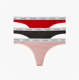 Calvin Klein THONG 3 PACK Womens Thong Multicoloured, showcasing red, gray, and pink thongs from the front view.