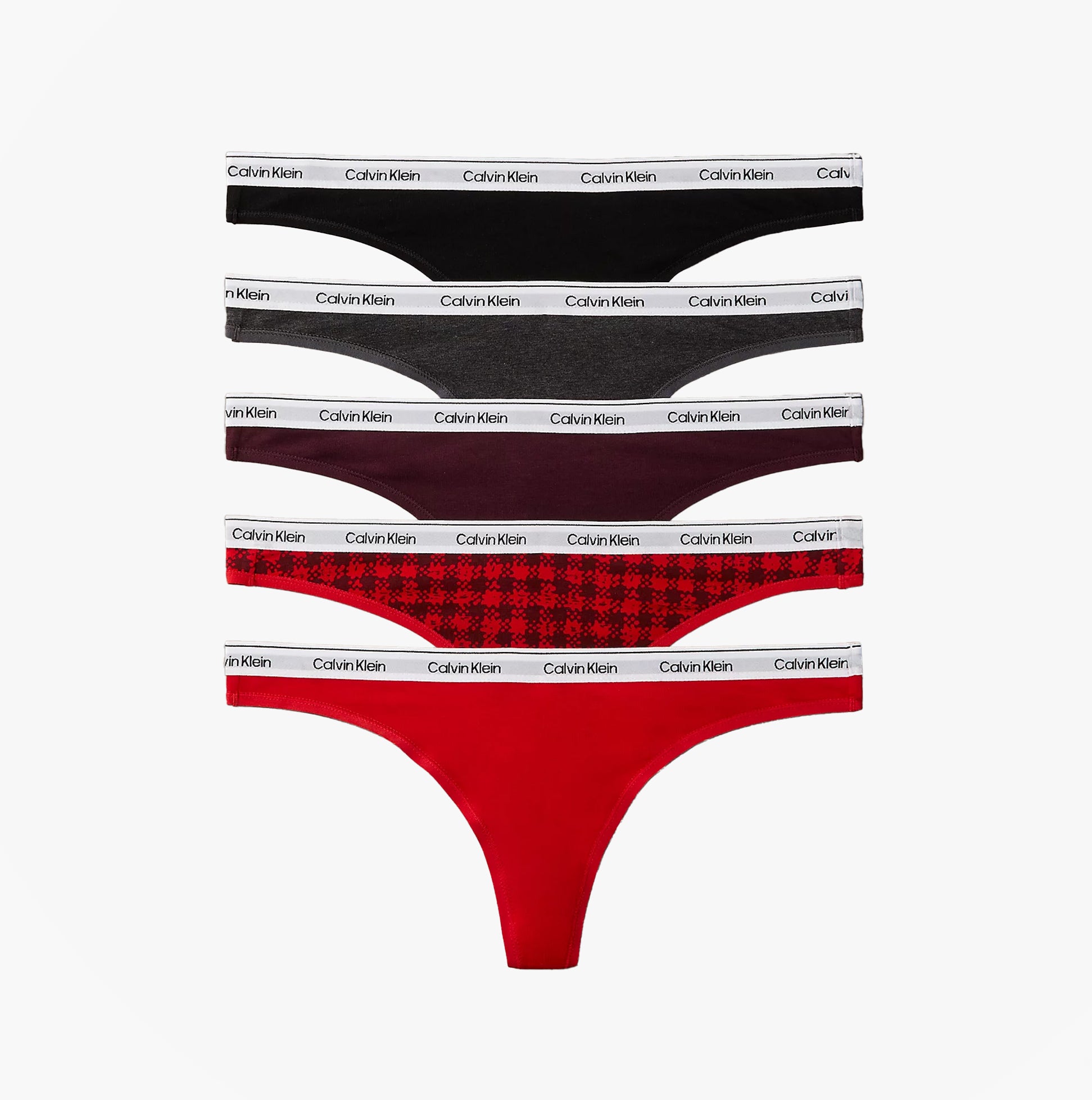 Calvin Klein THONG 5 PACK Womens Thong Multicoloured front view featuring black, purple, red and patterned designs.