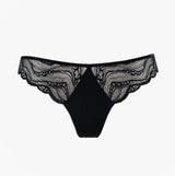 Calvin Klein THONG Womens Speakeasy Navy front view showing lace detailing and material composition.