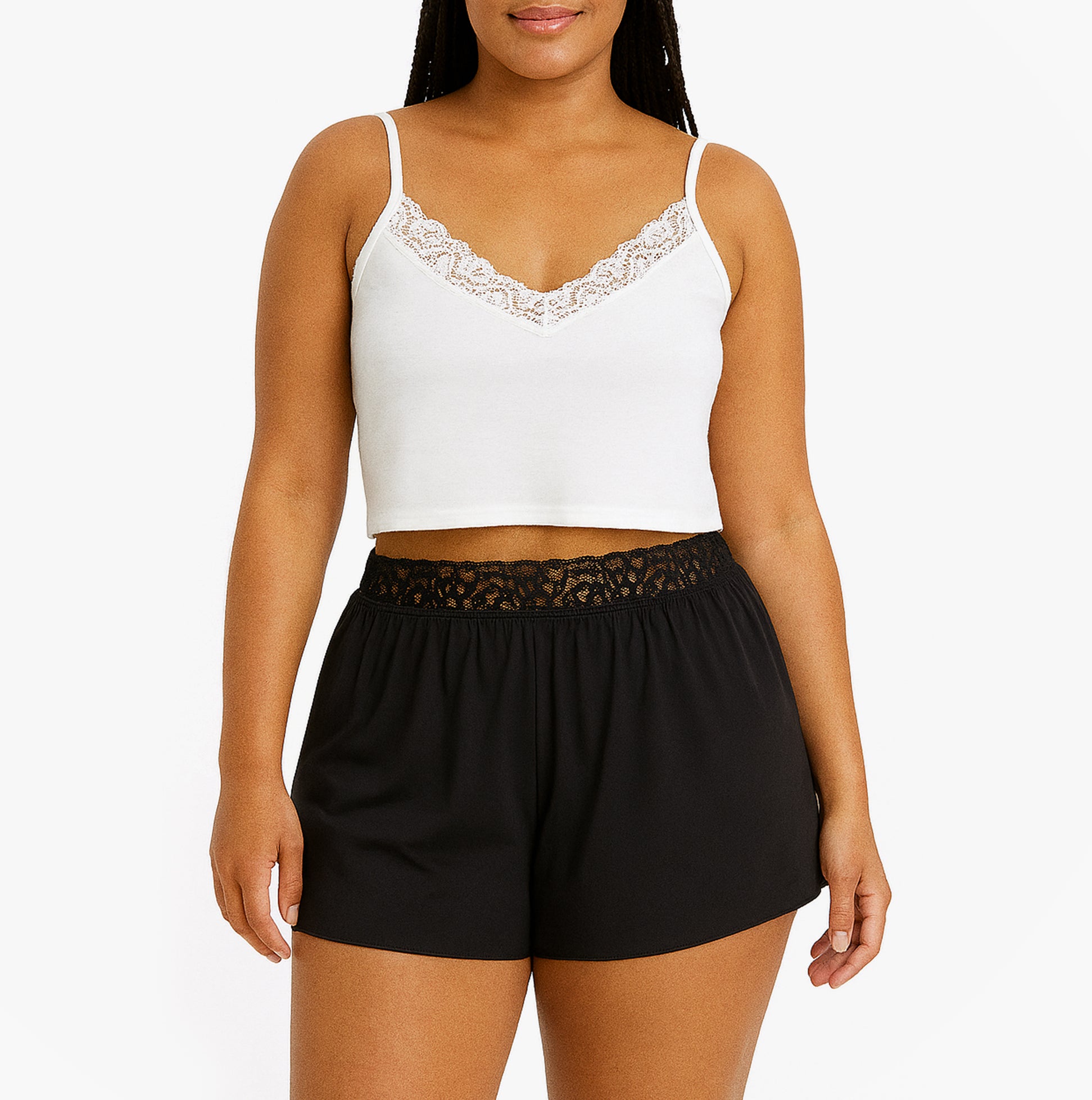 Calvin Klein CK ATTRACTION SLEEP Womens Shorts Black front view with white lace cami top, featuring comfortable fit.
