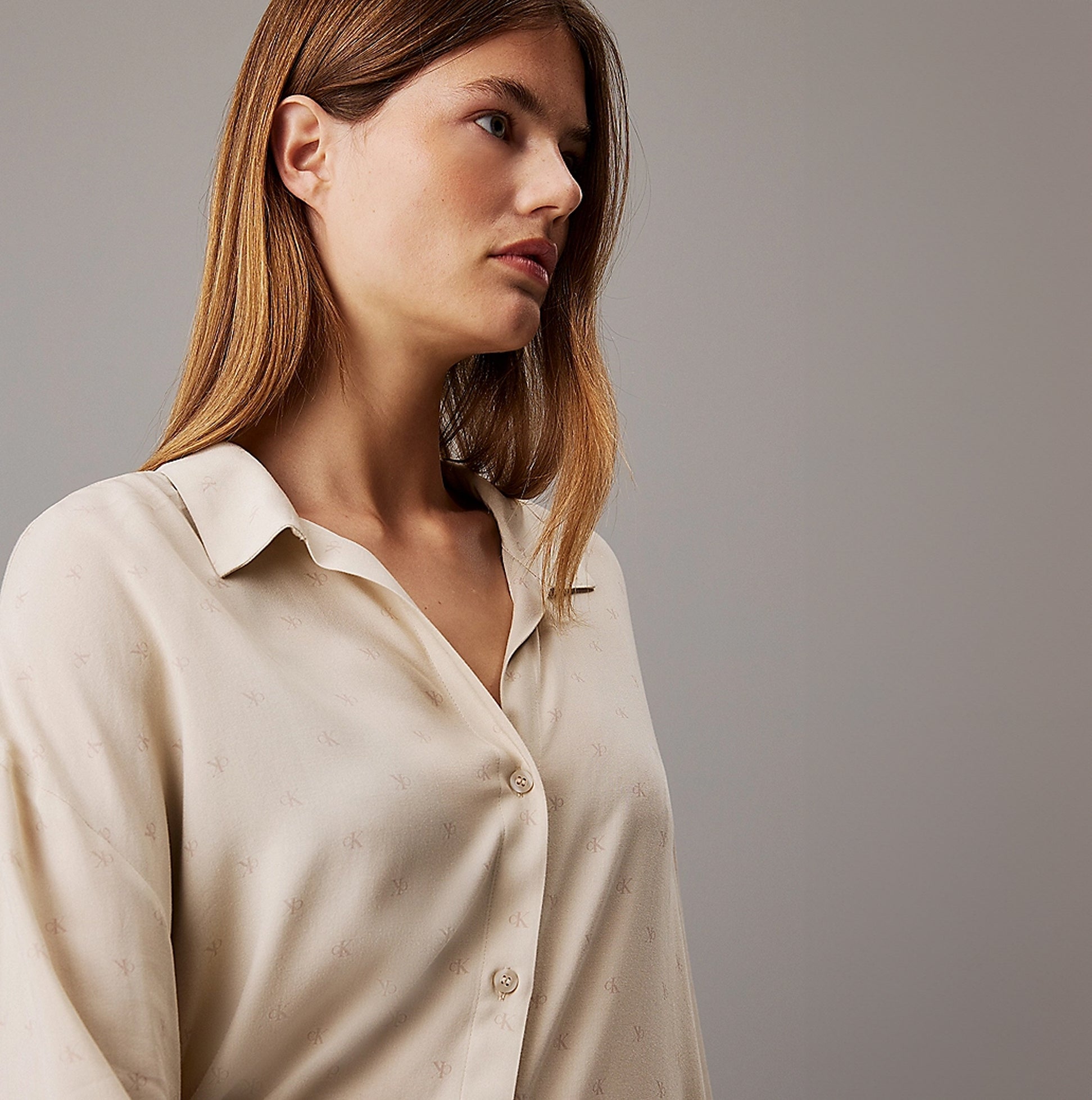 Calvin Klein WOVEN VISCOSE Womens Button Down Pants Set Diamond Logo/Cocoon