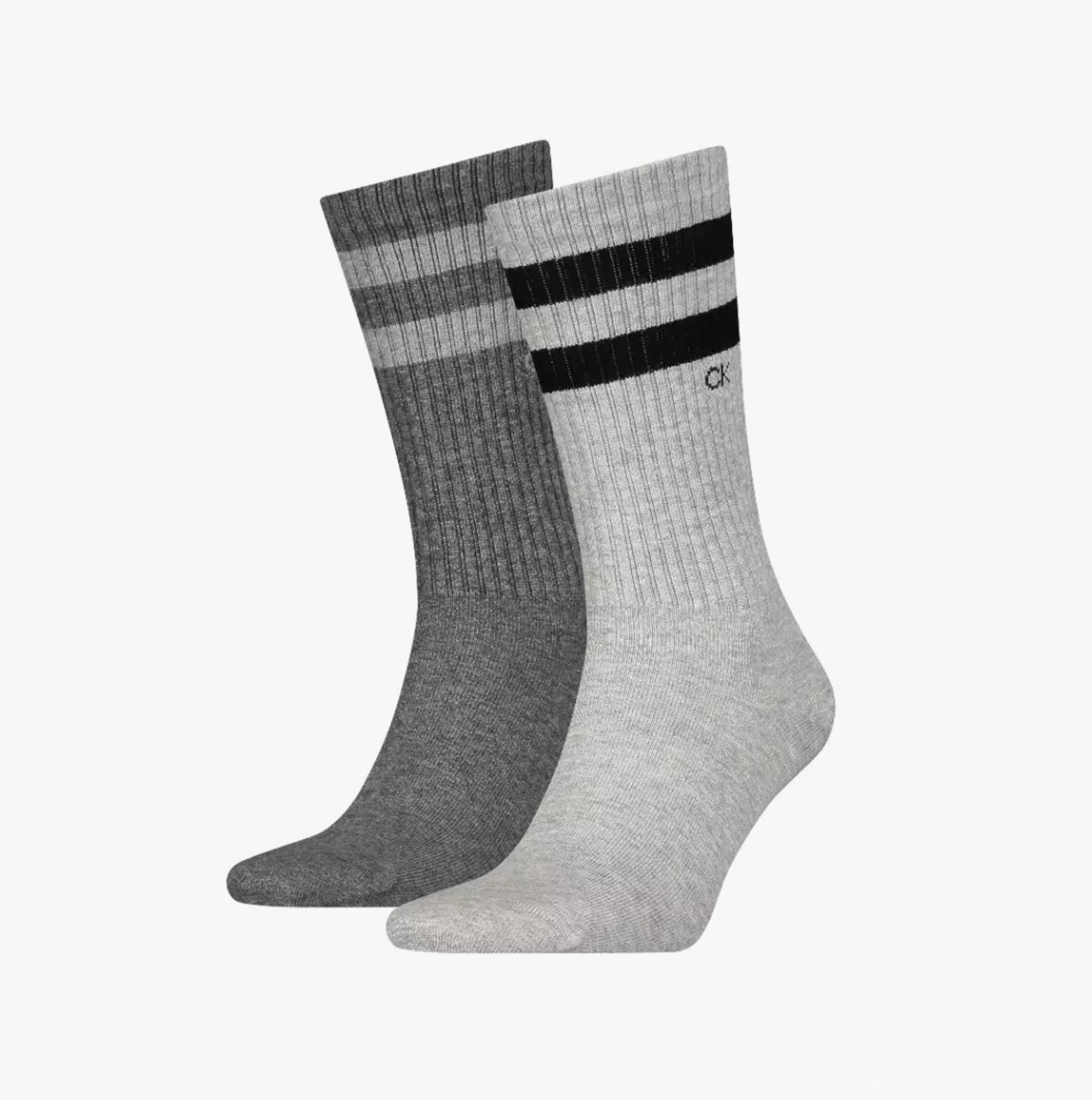Calvin Klein 2 Pack Mens Crew Trainer Socks Grey, side view showing grey socks with stripes and logo.