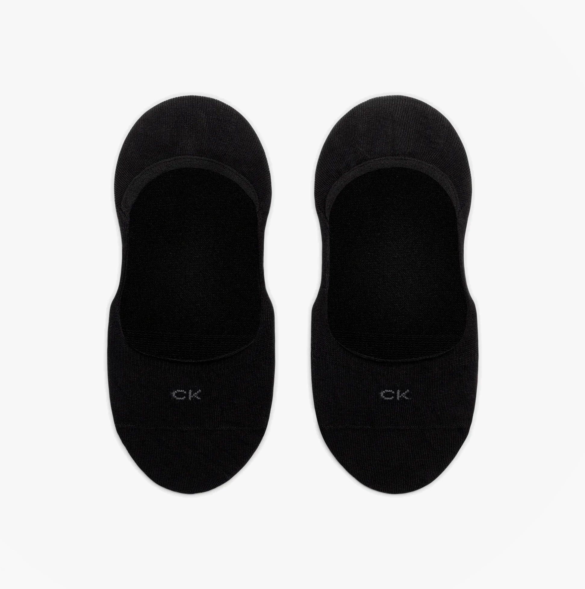 Calvin Klein 2 Pack Womens Invisible Socks Black top view showing two pairs of black socks with CK logo.
