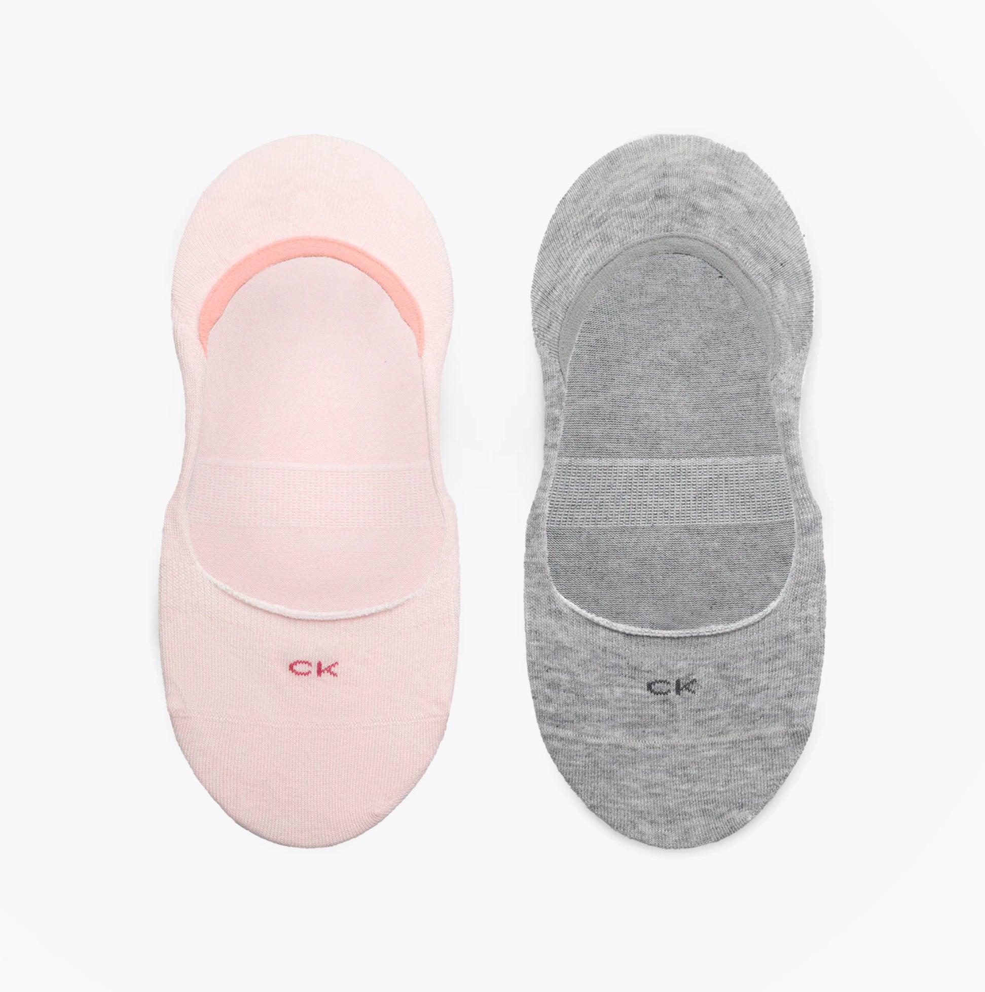 Calvin Klein 2 Pack Womens Invisible Socks Pink and Gray top view with CK logo on each sock.