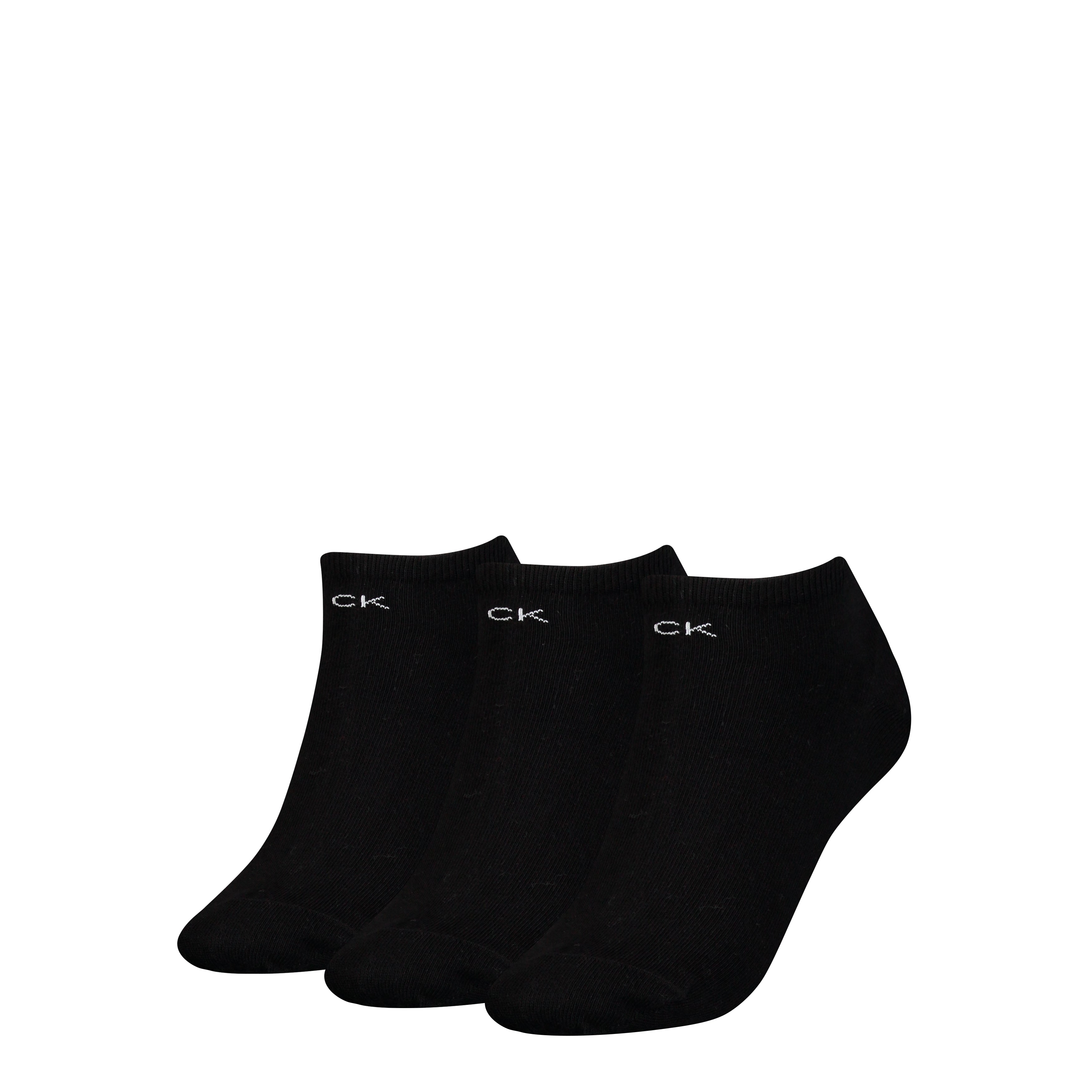 Calvin Klein 3 Pack Womens Ankle Trainer Socks Black front view showing three black ankle socks with logo.