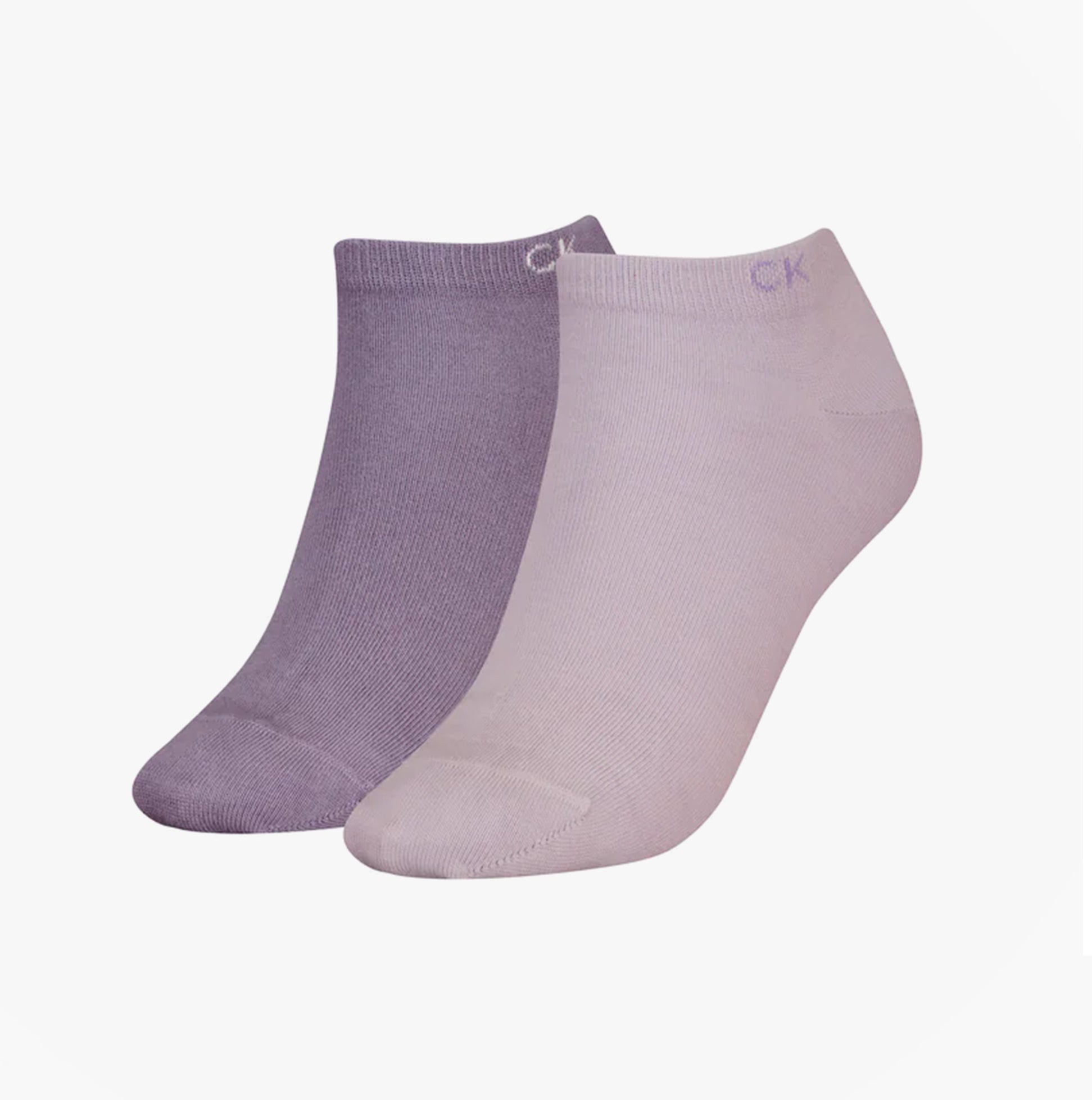 Calvin Klein 2 Pack Womens Ankle Trainer Socks Lilac Combo side view featuring light purple and dark purple socks.