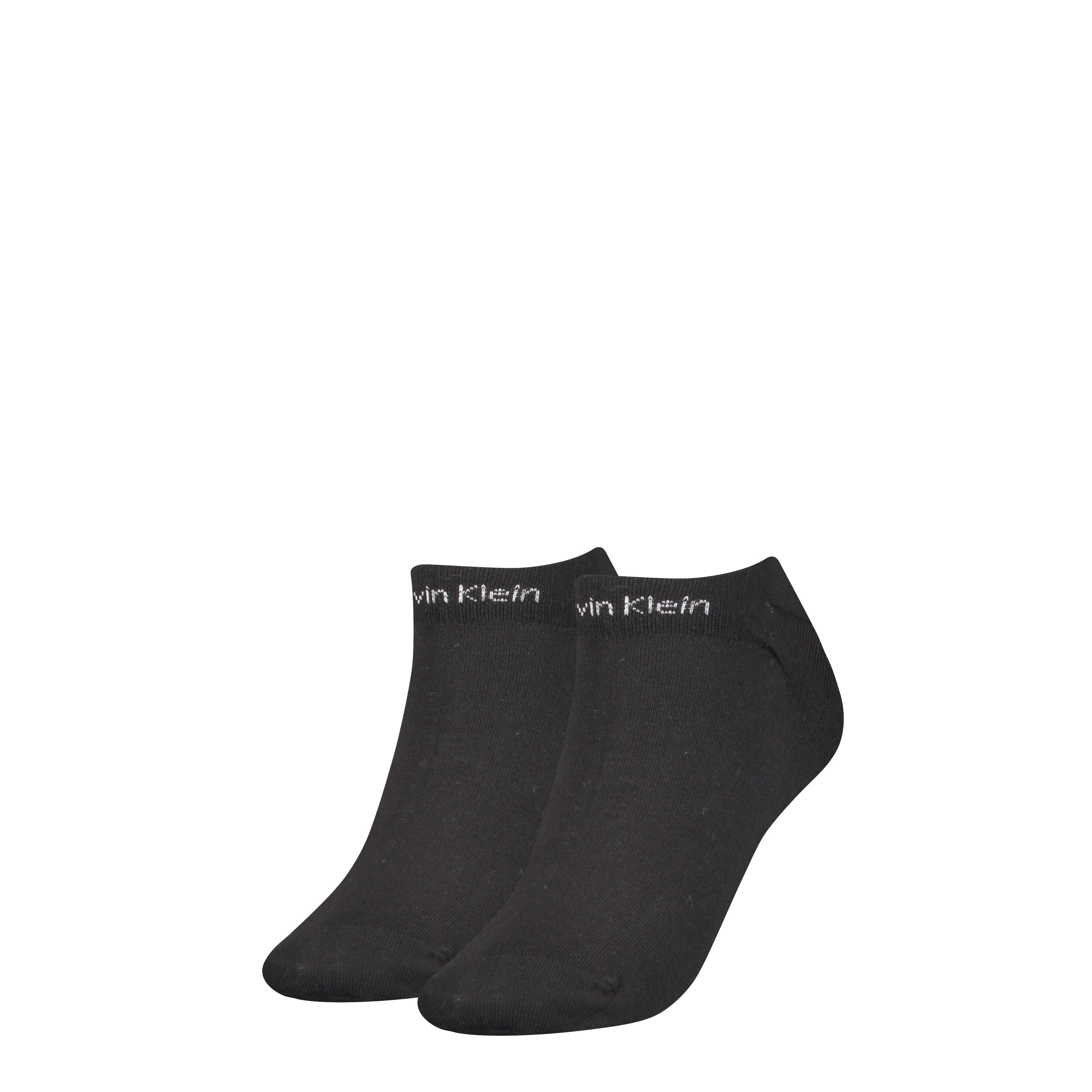 Calvin Klein 2 Pack Womens Ankle Trainer Socks Black, front view showing two black ankle socks with logo.