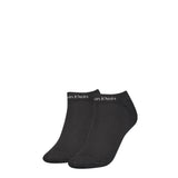 Calvin Klein 2 Pack Womens Ankle Trainer Socks Black, front view showing two black ankle socks with logo.