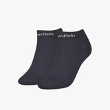 Calvin Klein 2 Pack Womens Ankle Trainer Socks Navy front view showcasing black fabric and logo detail.