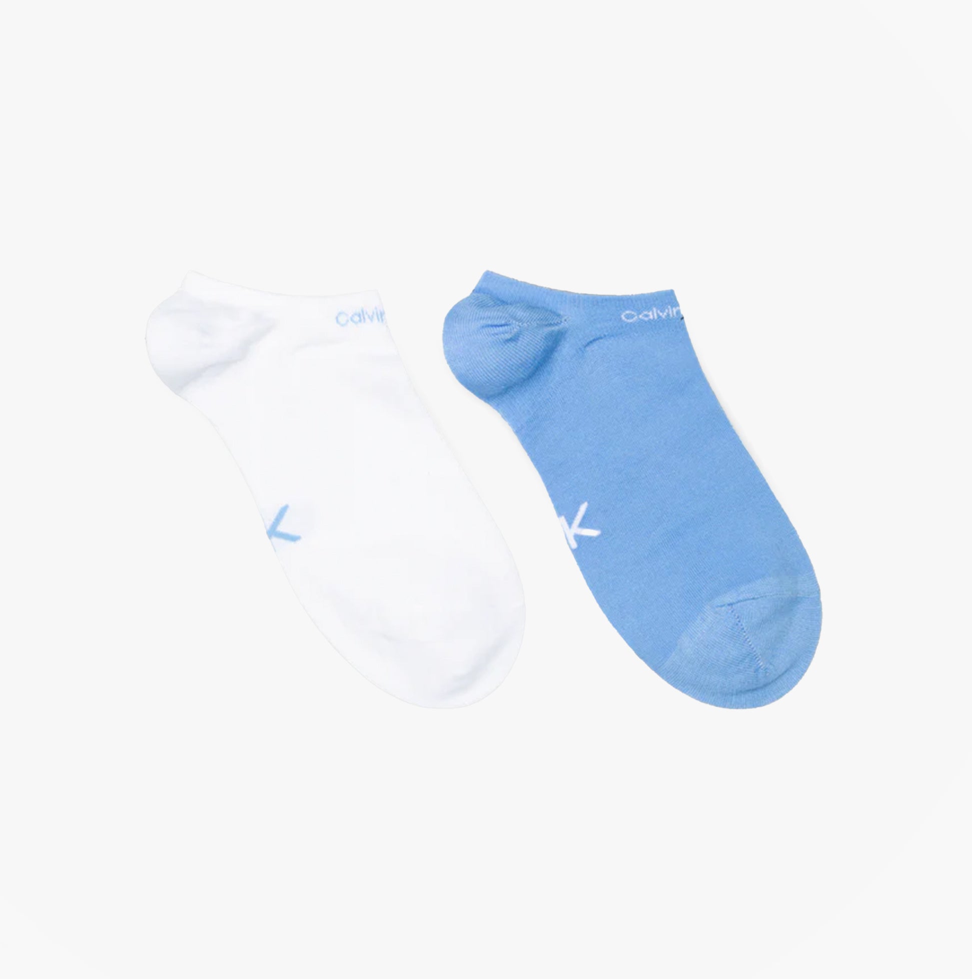 Calvin Klein 2 Pack Womens Ankle Trainer Socks Blue Combo front view showcasing blue and white socks.