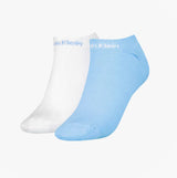 Calvin Klein 2 Pack Womens Ankle Trainer Socks Blue Combo side view showing blue and white socks with logo.
