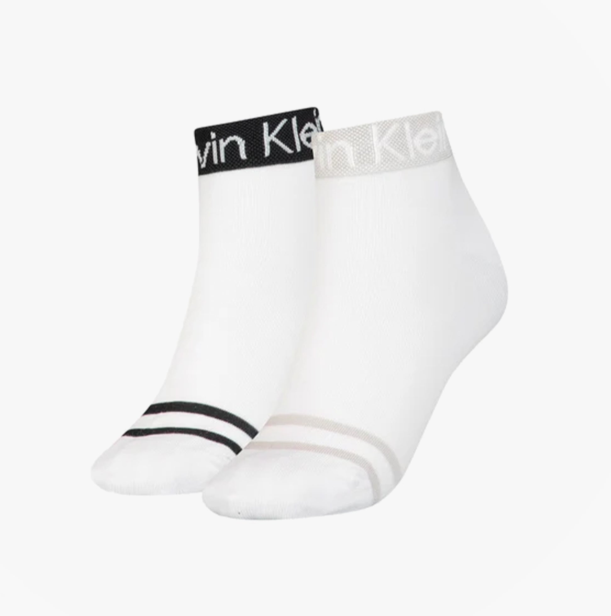 Calvin Klein 2 Pack Womens Ankle Trainer Socks White front view featuring two pairs with black and grey logos.