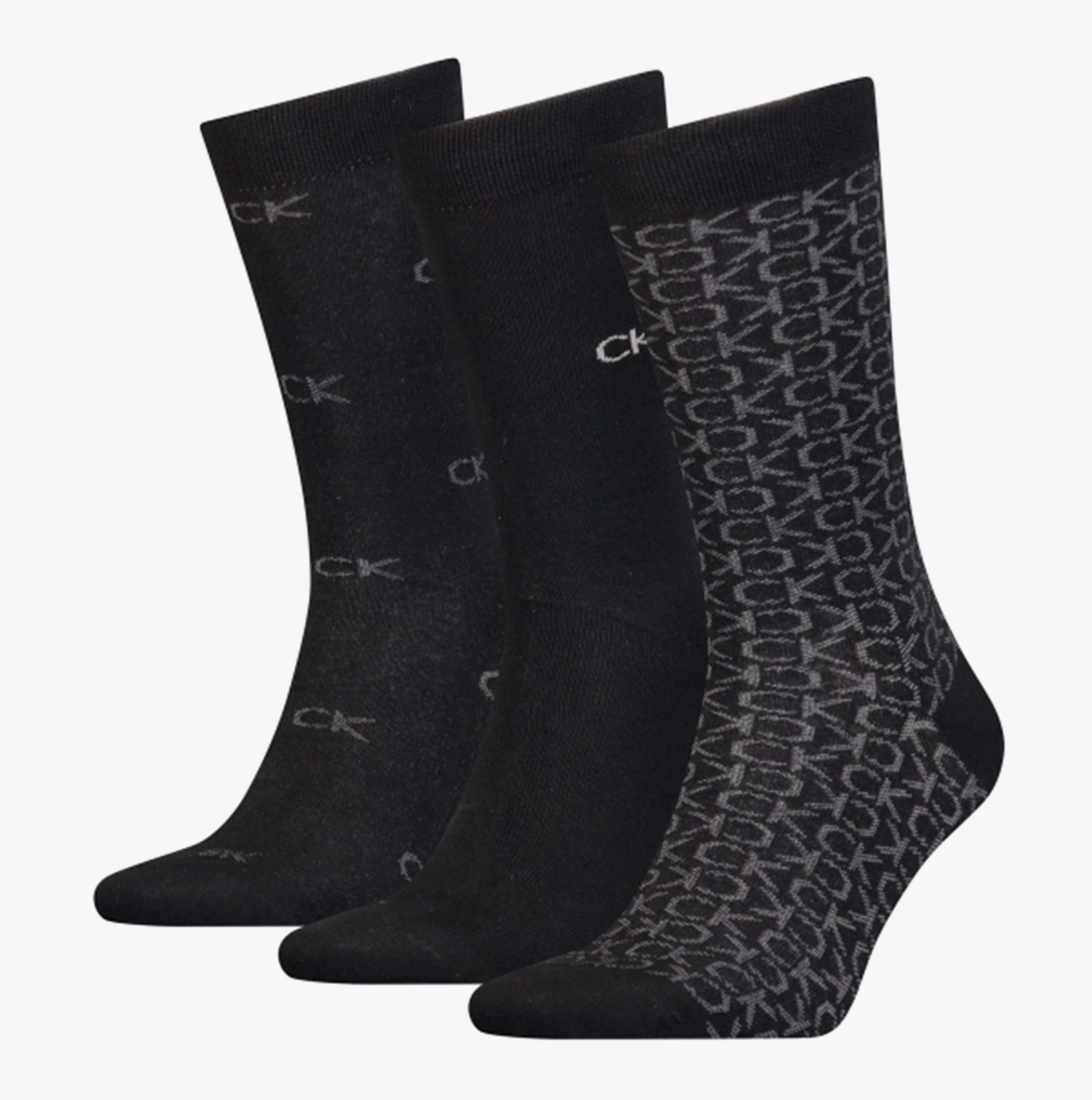Calvin Klein 3 Pack Giftboxed Logo Mens Crew Socks Black front view showcasing three pairs in black with logo designs.