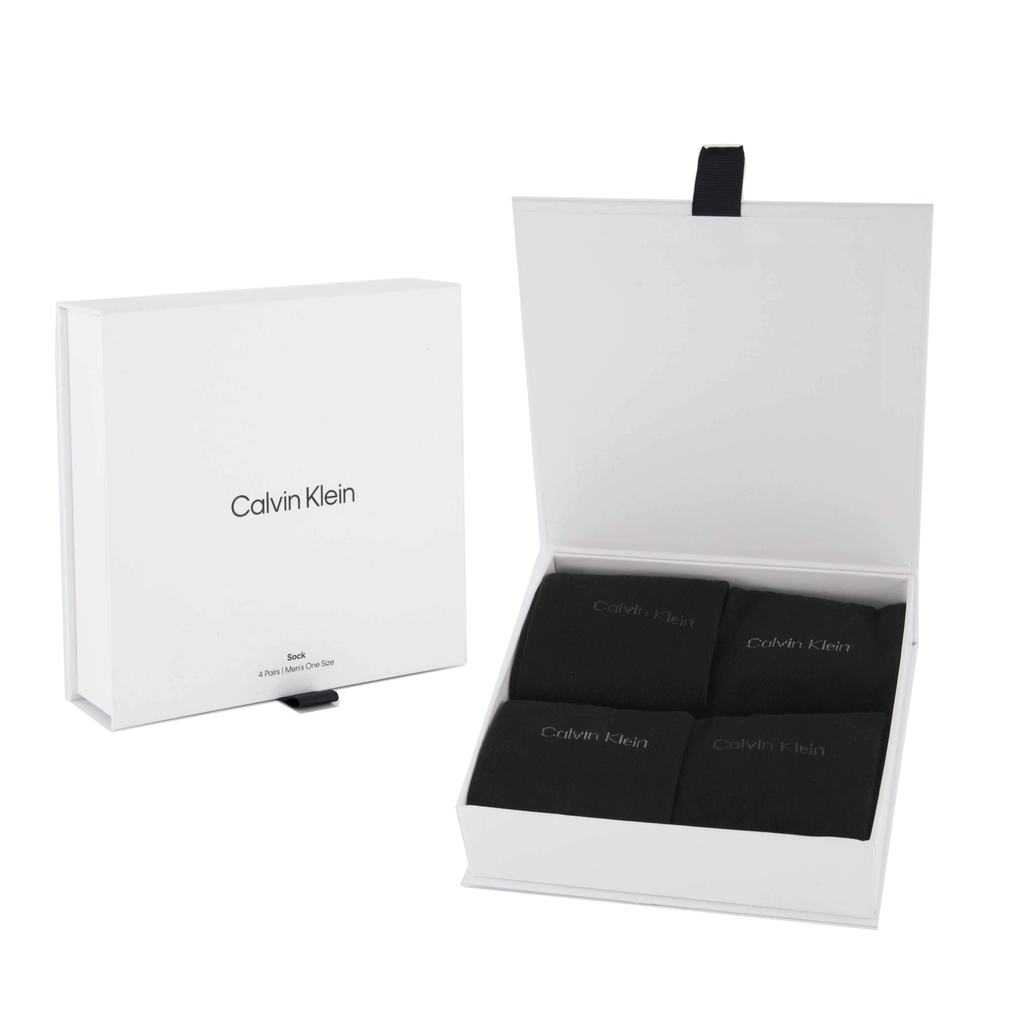 Calvin Klein 4 Pack Giftboxed Classic Mens Crew Socks Black in a white gift box, featuring four black crew socks neatly arranged.