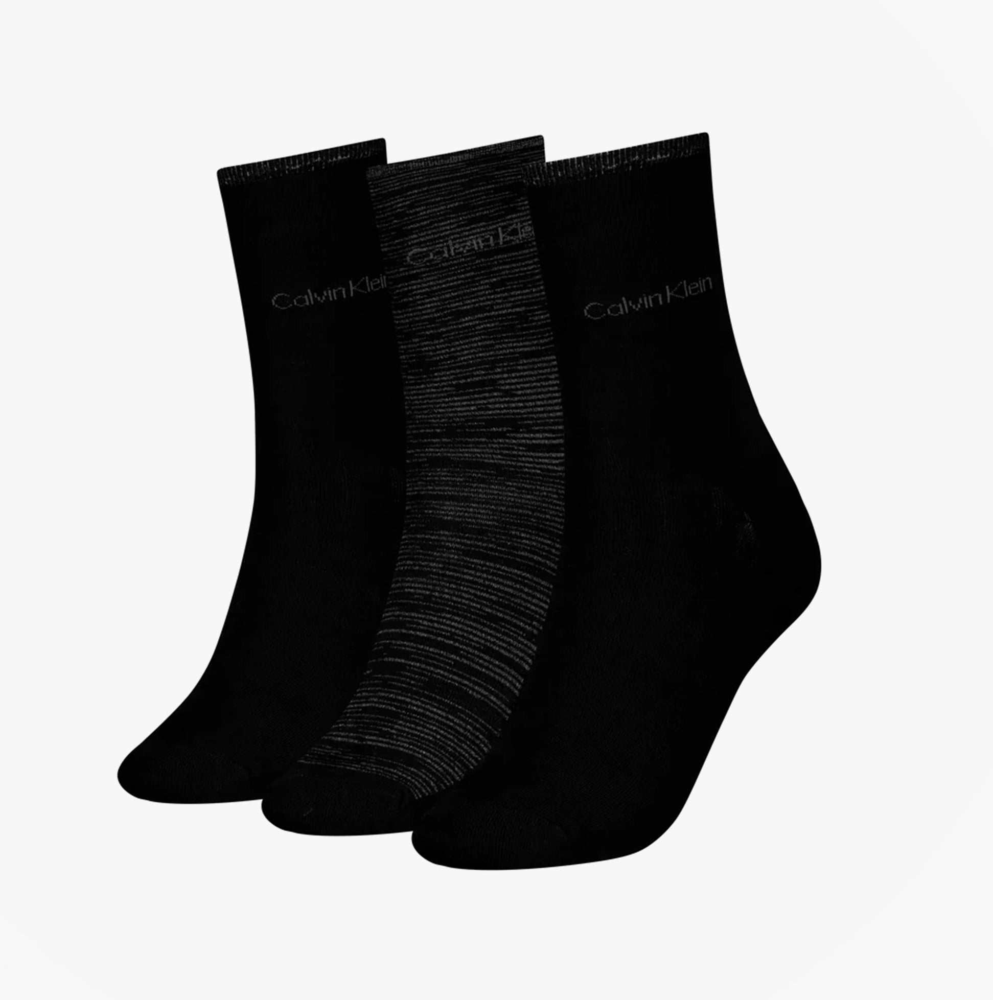 Calvin Klein 3 Pack Giftboxed Womens Crew Socks Black, side view showing three pairs in varied black designs.