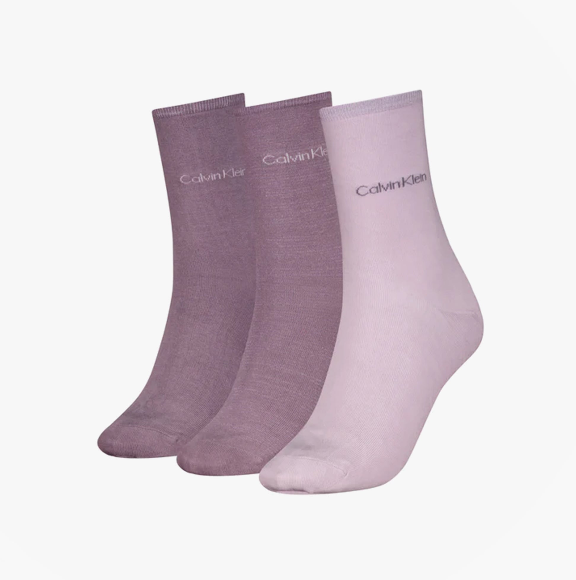 Calvin Klein 3 Pack Giftboxed Womens Crew Socks Lilac, three pairs in lilac and purple, side view showcasing fabric and logo.