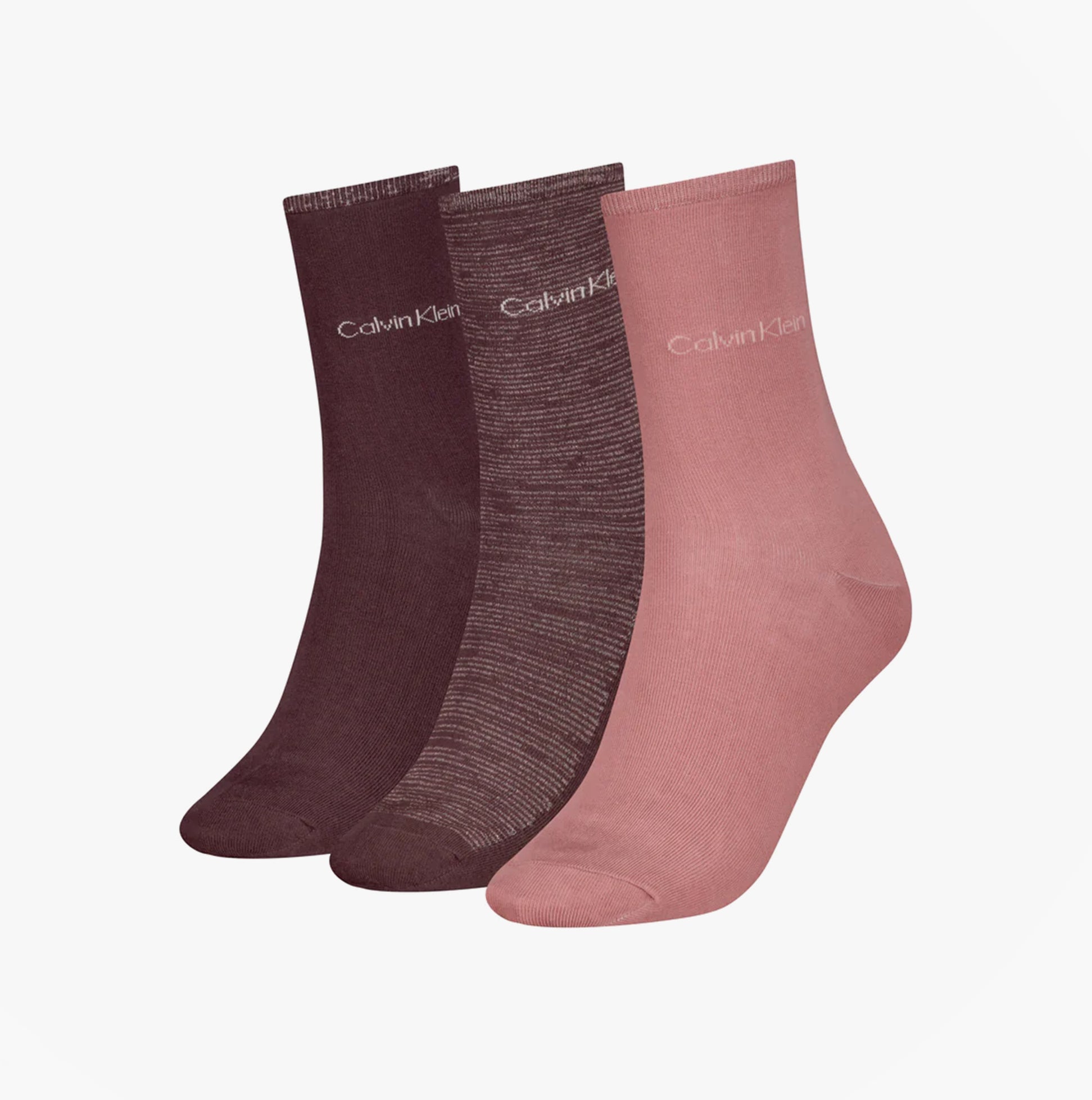 Calvin Klein 3 Pack Giftboxed Womens Crew Socks Burgundy front view featuring three stylish pairs in deep burgundy and pink shades.