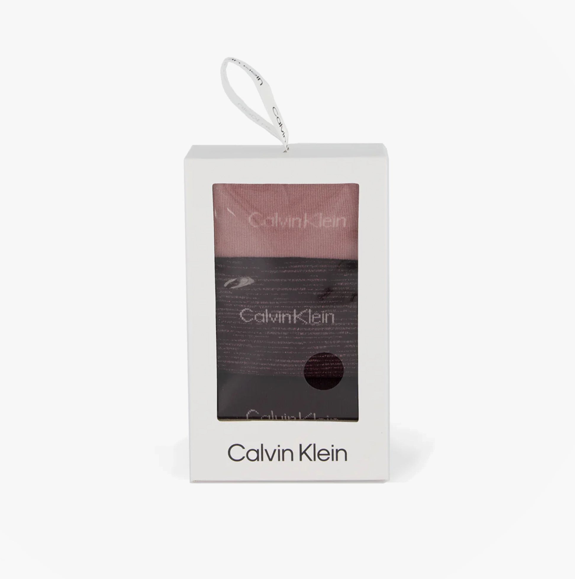 Calvin Klein 3 Pack Giftboxed Womens Crew Socks Burgundy in gift box front view.