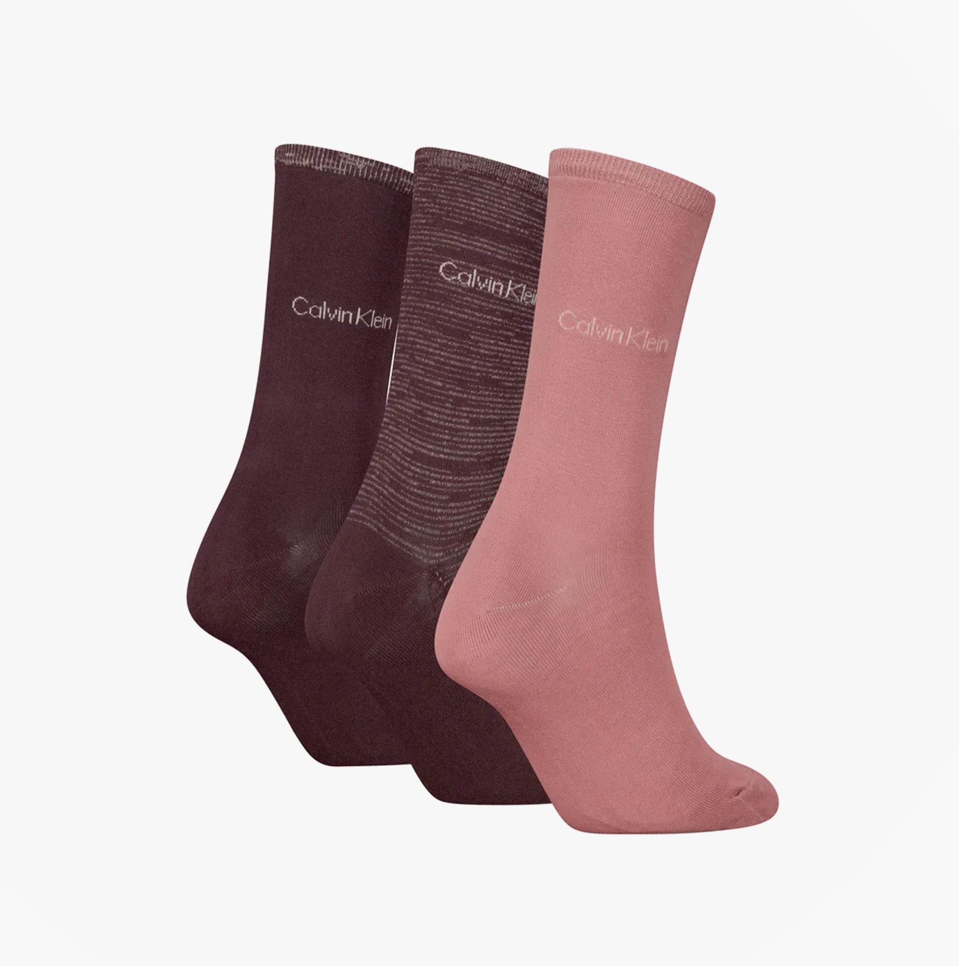 Calvin Klein 3 Pack Giftboxed Womens Crew Socks Burgundy front view showcasing burgundy and pink sock designs.